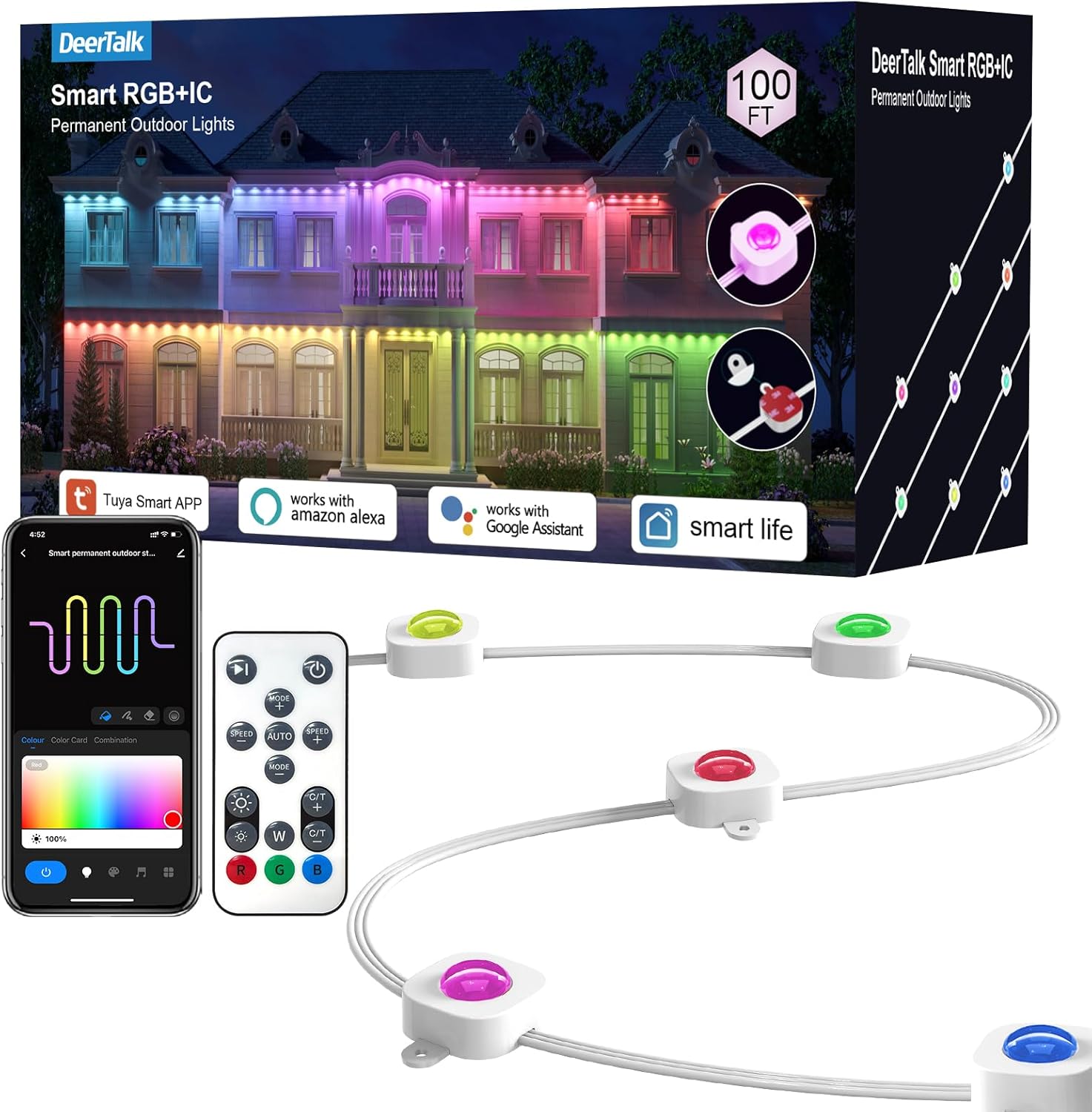 Permanent Outdoor Christmas Lights LED Kit for House Smart ICRGB LED Trim Lights WiFi Bluetooth Permanent String Everlights Year Round Holiday Eaves Lighting Work with Alexa Google (100FT)
