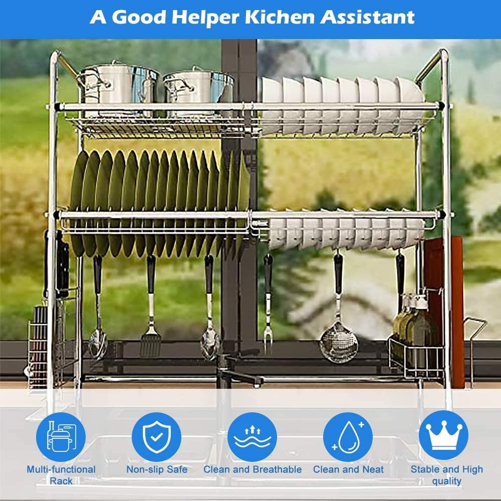 NEX 2-Tier Drying Rack for Kitchen, Over Sink Dish Drying Rack Stainless Steel Non-Slip Stable Dish Dryer,Length Adjustable, Sliver (Sink Size ≤ 33 INCH)