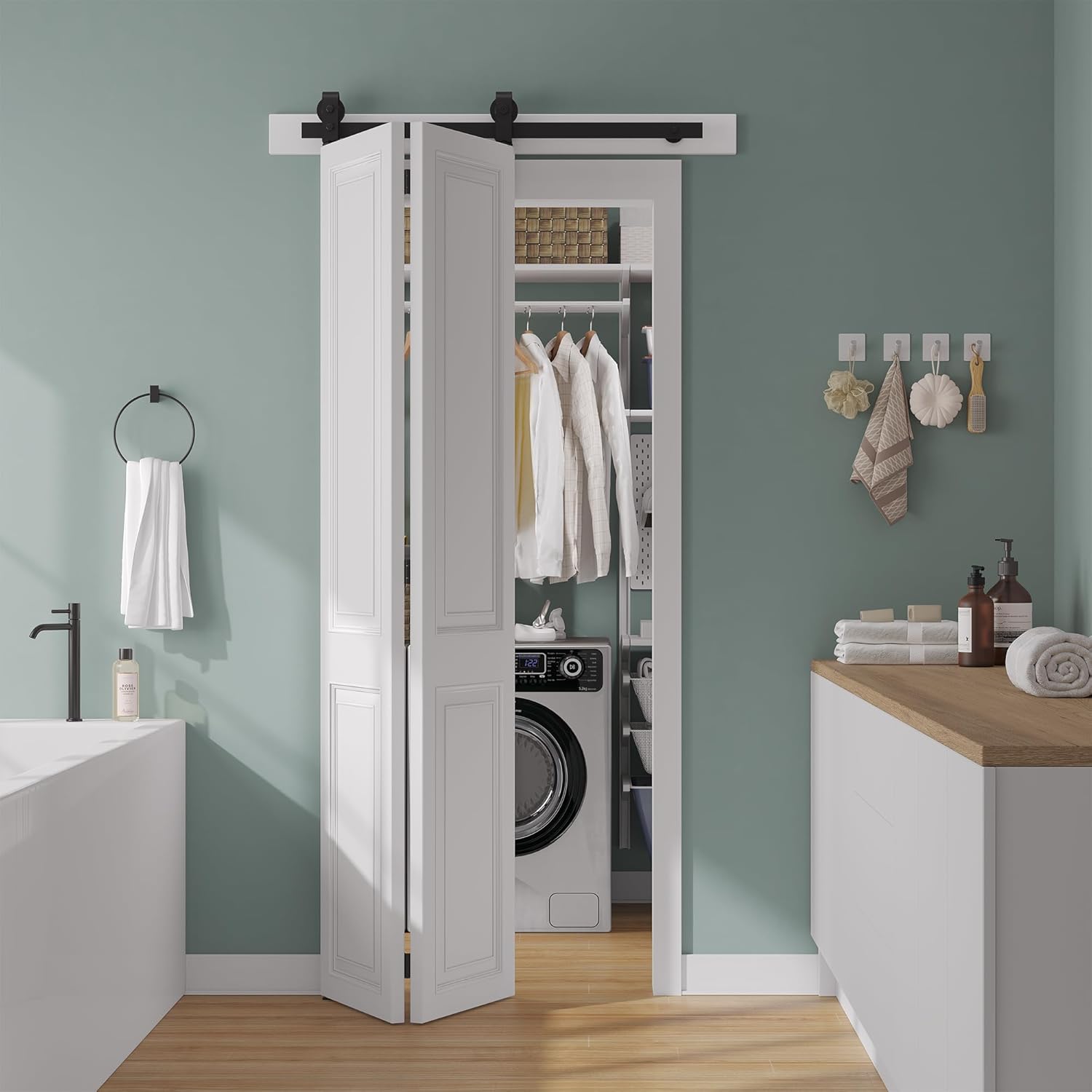 smartstandard 40" bifold sliding barn door hardware kit, 3.3ft top mount bi-folding track kit for double 18" closet pantry laundry doors-smoothly and quietly, black [no door]