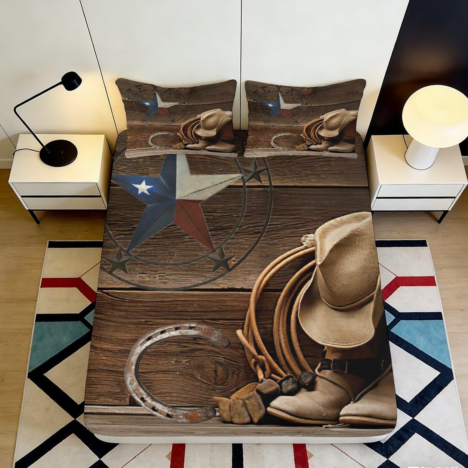 3D Printed Western Cowboy Fitted Sheet Microfiber Rustic Rodeo Bed Cover Anti-Slip Washable Bedroom Decor 90x200x25cm