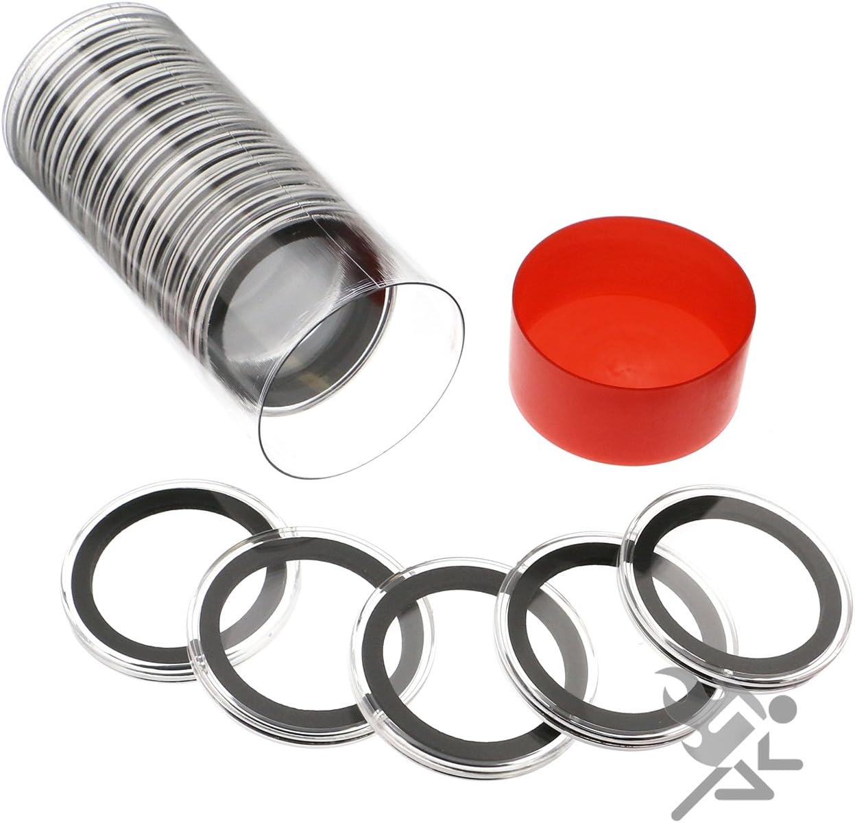 OnFireGuy Red Cap Tube & 20-Pack 38mm Black Ring Coin Holders for Silver Dollars | Protective Coin Cases for 1oz Silver Morgan Peace Eisenhower Dollars