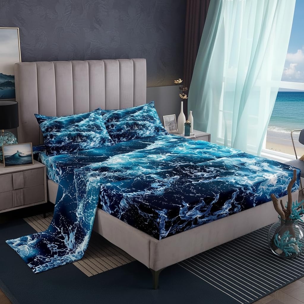 Erosebridal Blue Waves Twin Sheet Set with marine water grain print