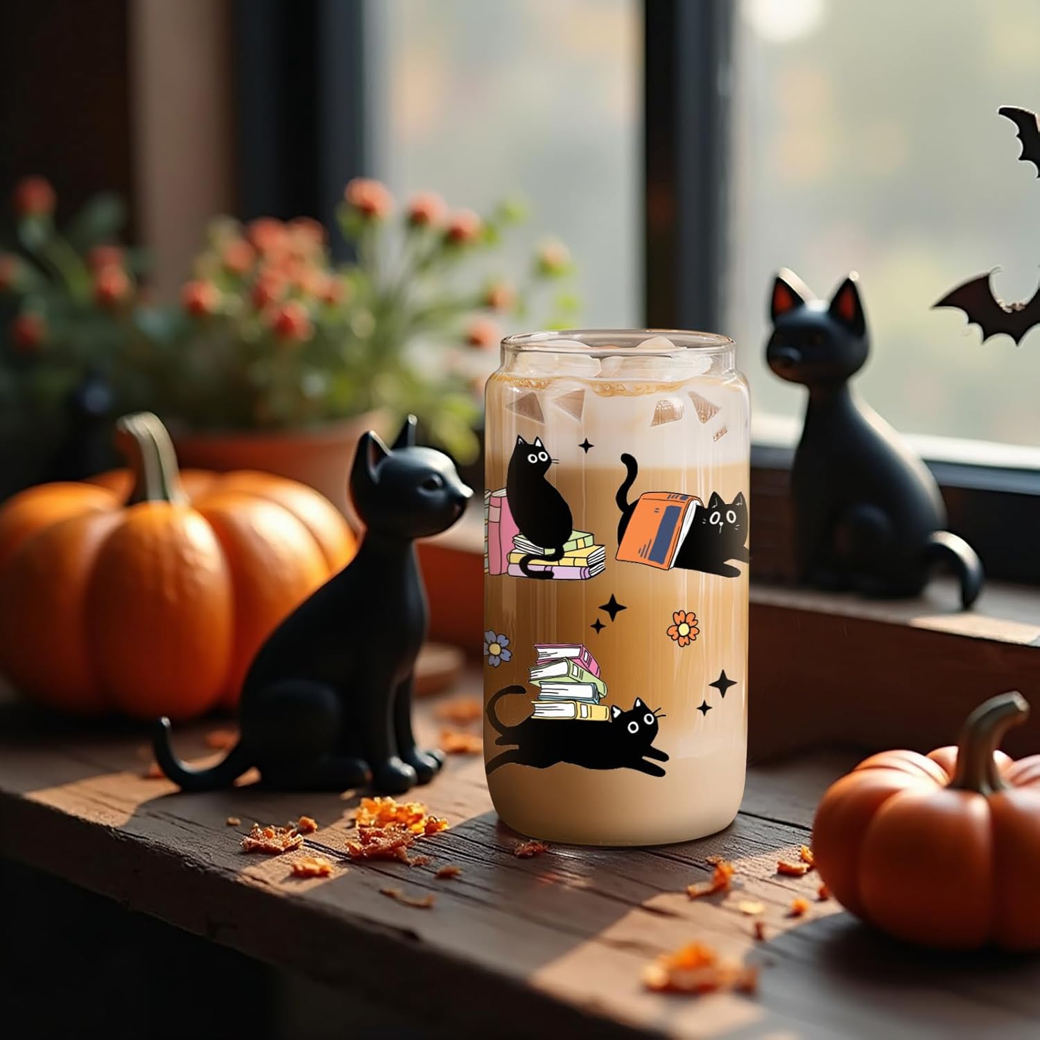 GSPY Black Cat Glass Cup, Funny Gifts for Cat Lovers & Book Lovers, Cute 16 oz Cat Themed Iced Coffee Cups - Bookish, Reader Tumbler Mug - Valentines Day, Bday, Book, Reading Gifts for Women, Men, Her - Image 7