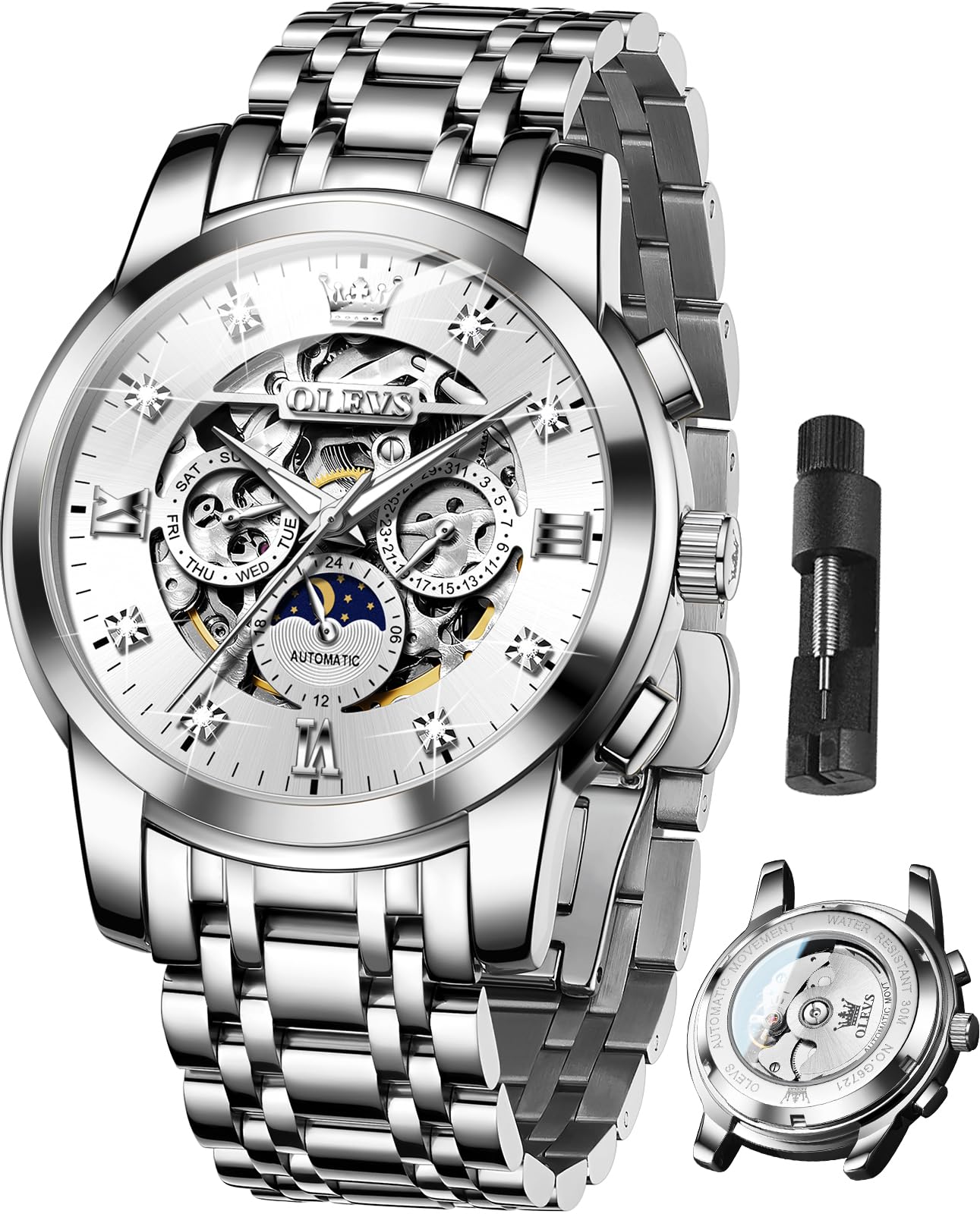 OLEVSMens Luxury Skeleton Automatic Watch Diamond Self Winding Mechanical Timepiece Gifts Luminous Waterproof