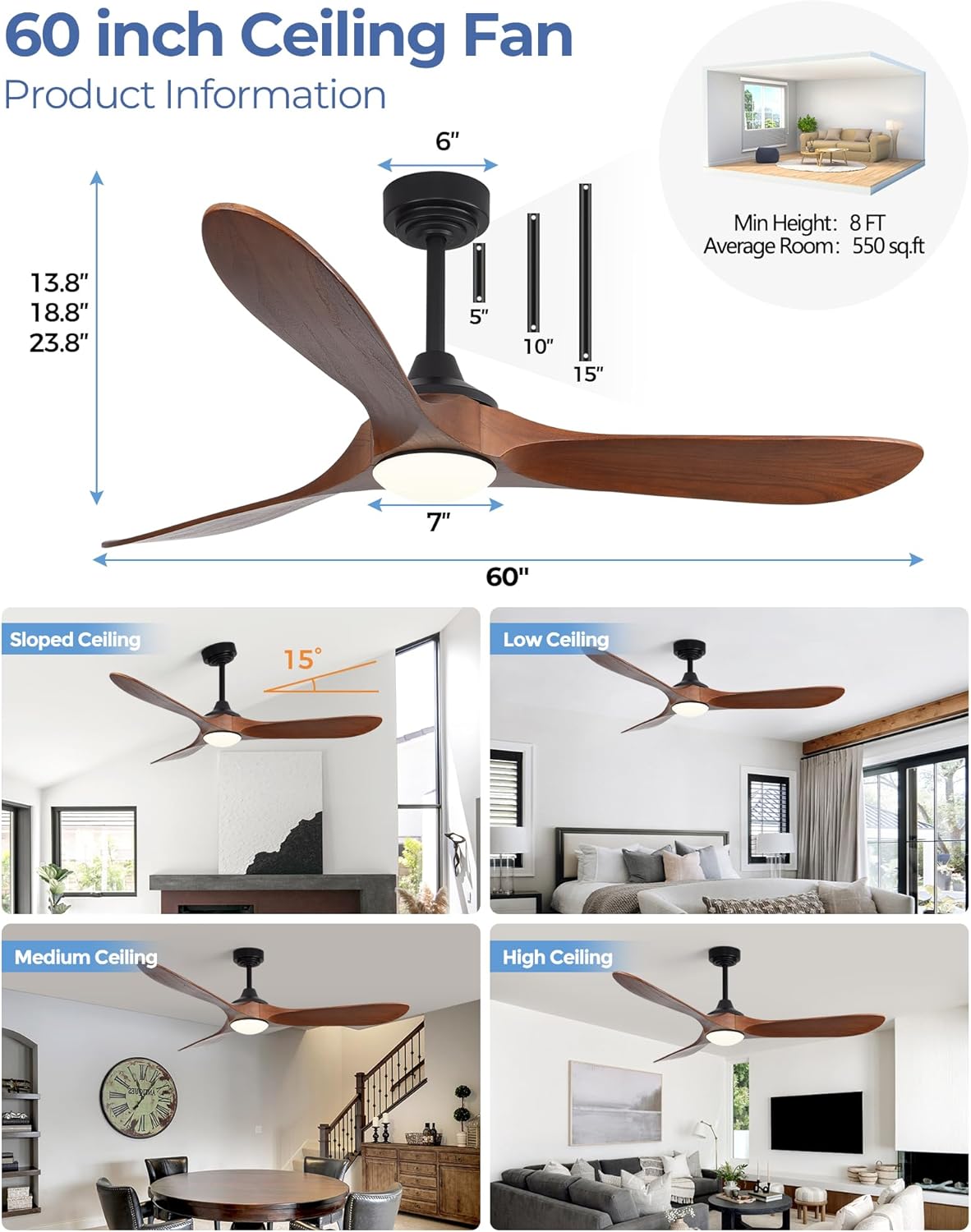 60 Inch Solid Wood Ceiling Fans with Lights,Smart Ceiling Fan with Light for Alexa,Google,APP,Indoor/Outdoor,3 Wood Blades,3CCT Dimmable,Dark Walnut Ceiling Fan for Patio Porch