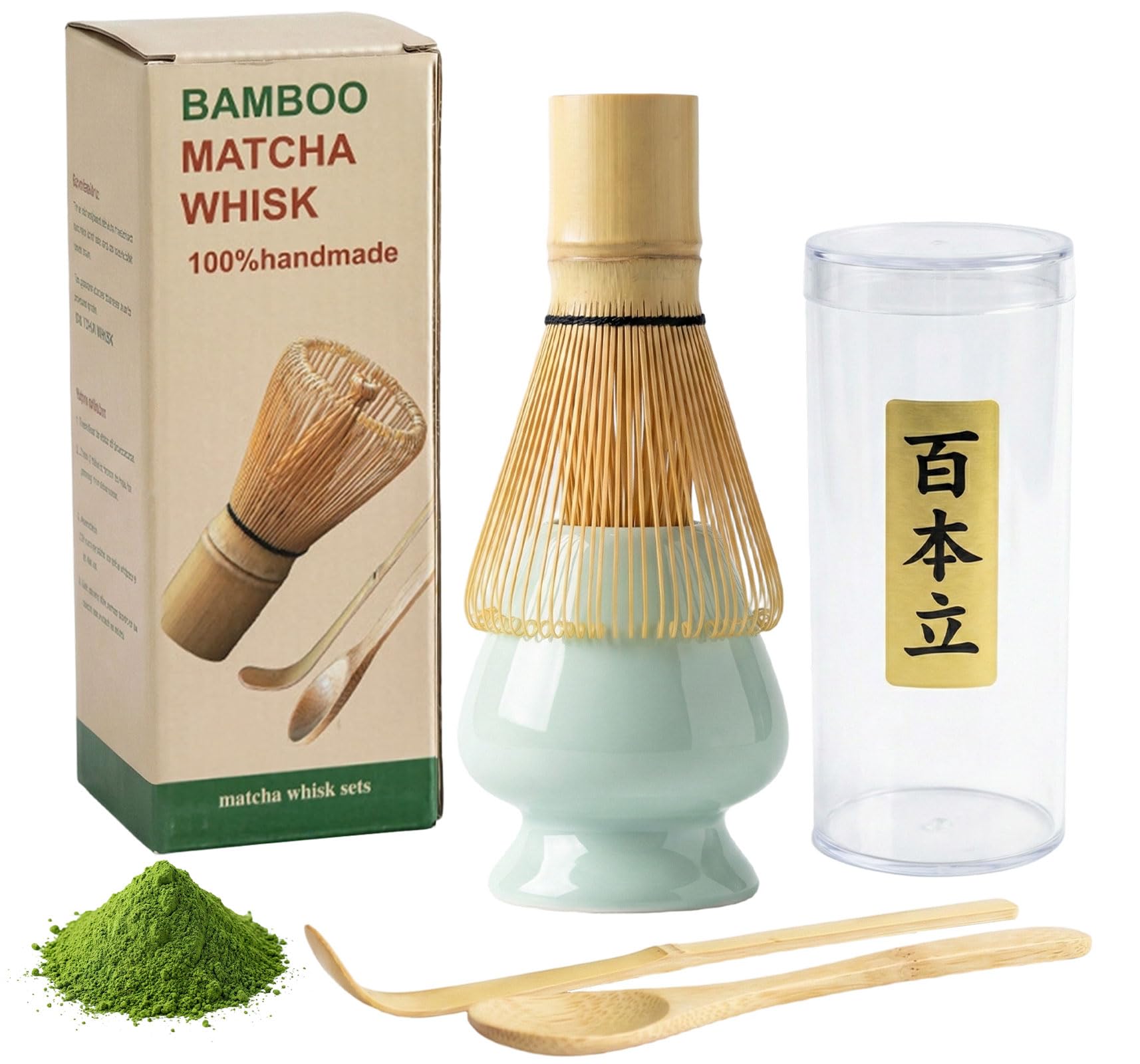 PUYUKO 4 Pcs Matcha Whisk Kit, Matcha Tea Tool Set with Bamboo Whisk, Ceramic Chasen Holder, Matcha Spoon& Scoop, Matcha Starters Kit with Accessories, Manual Matcha Making Gift for Lovers