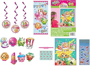 Shopkins Birthday Party Supplies Bundle includes 3 Hanging Swirl Decorations, 1 Door Poster, 8 Photo Props, 1 Party Game 4 Pack Bundle