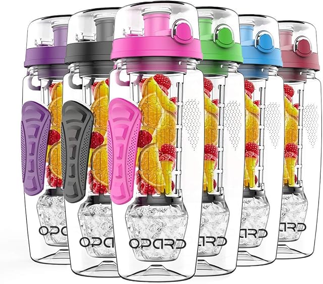 Opard Fruit Infused Water Bottles 946ml Sports Flip-Top Lid Tritan 100% BPA Free Fruit Infuser Drinking Bottles with Detachable Ice Gel Ball & Time Markings (Pink)
