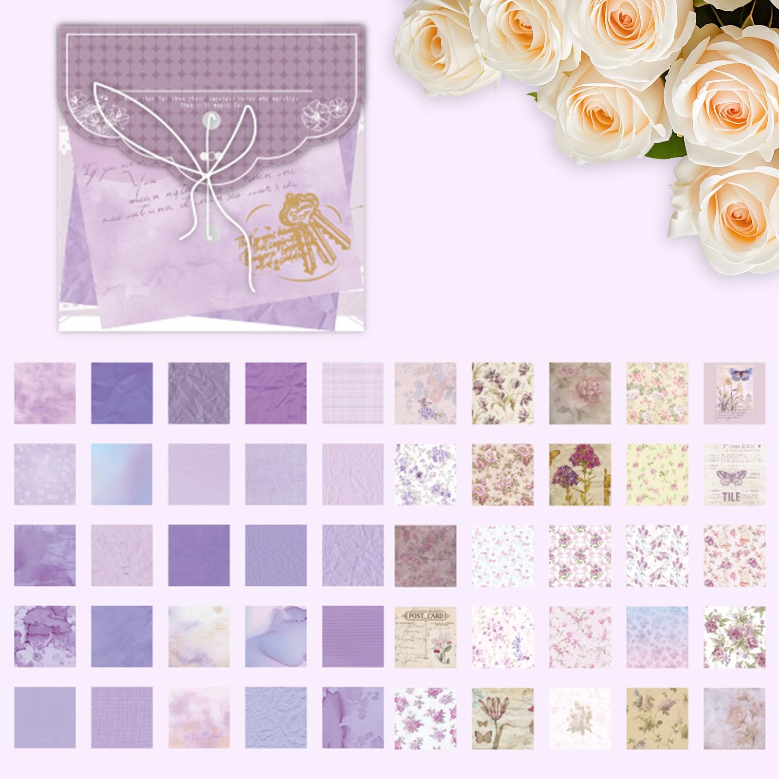 100pcs Scrapbook Paper - Decorative Stationery Paper Supplies with Assorted Patterns for Notes, Photos, Journals & Scrapbooks (Purple Theme)