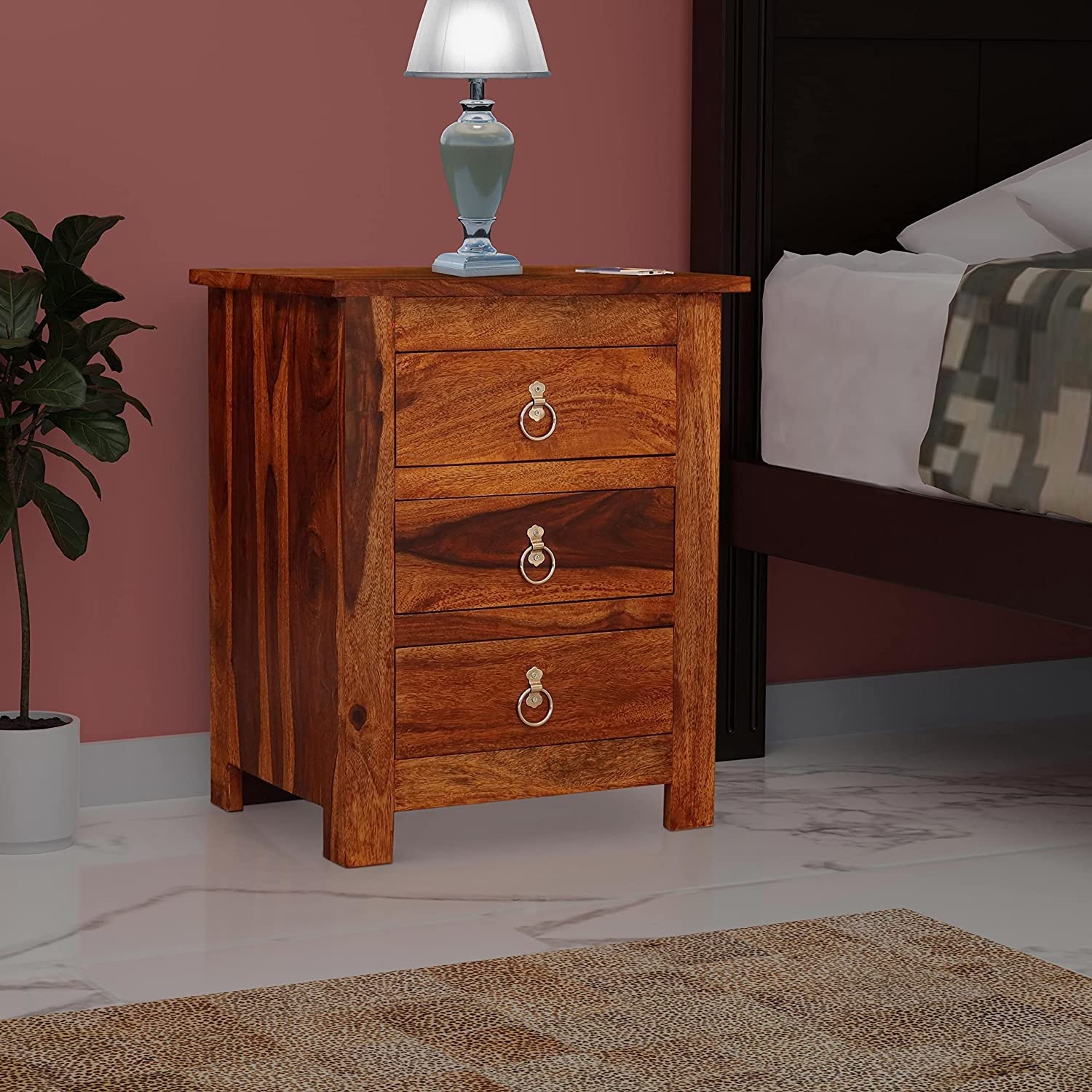 Tannu Craft Bedside Table end Table Furniture Rosewood sheesham Wooden Solid Silver Creeks Bedside Table with Storage Drawers Storage (Natural Brown) (Brown 3 Drawer)-picture-28