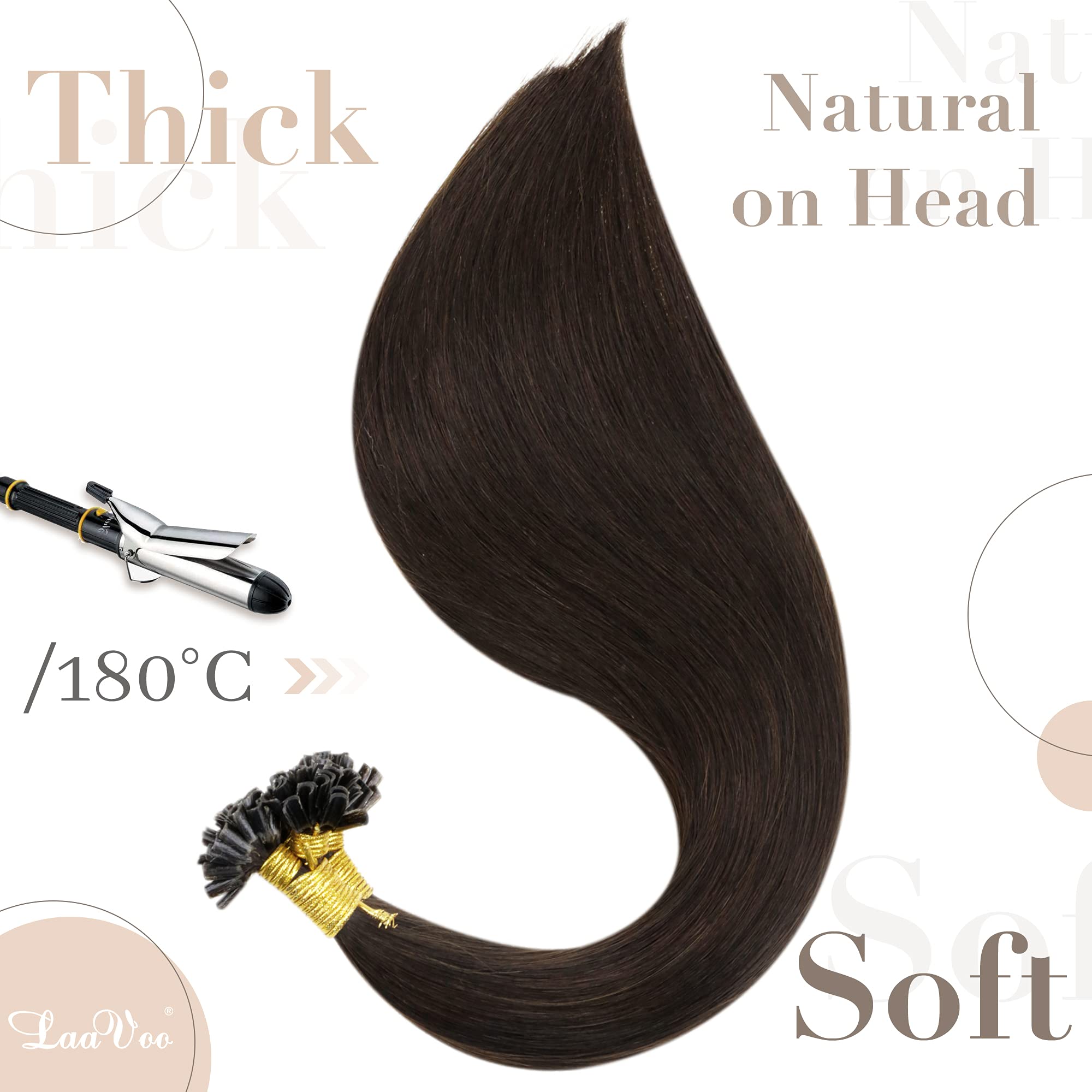 LaaVoo Dark Brown Hair Extensions U Tip Real Human Hair, Remy Straight Darkest Brown Real Hair Extensions - Image 4