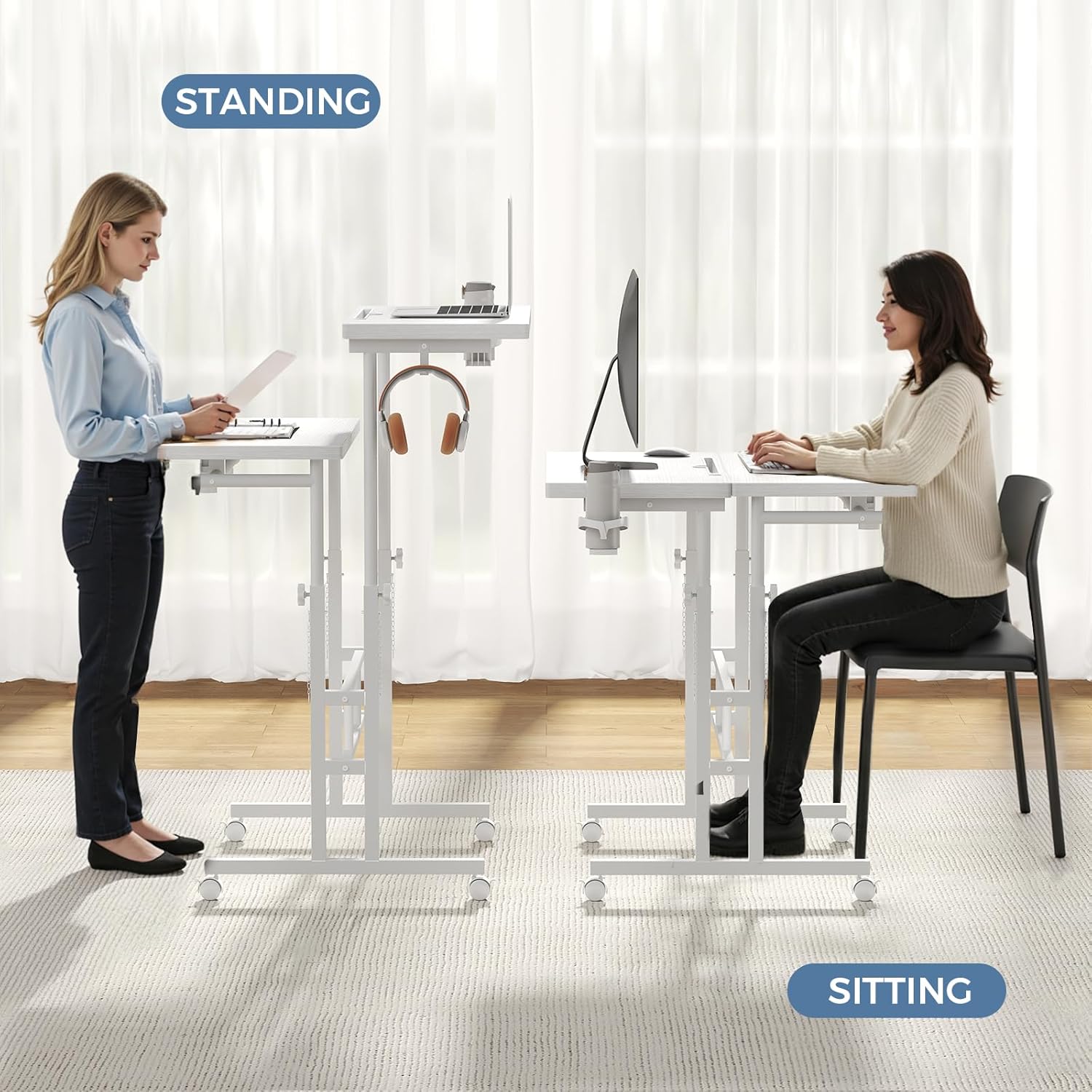 DUMOS Split Top Rolling Standing Desk, 23.6 Inch Mobile Laptop Computer Desk, Manual Adjustable Height Workstation on Wheels, Sit Stand Office Table, Walking Pad Study Desk, White