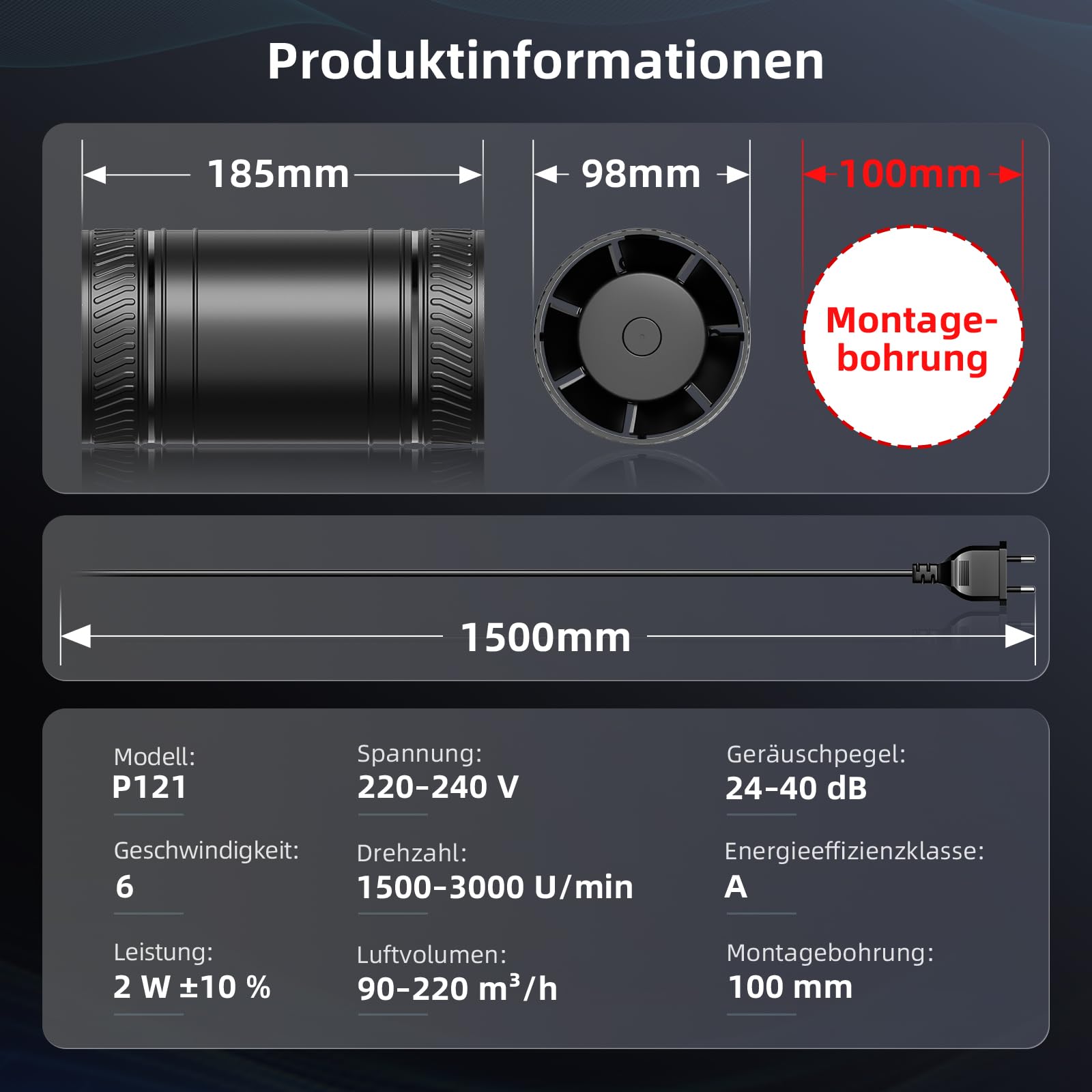 Rohrventilator 100mm – Bidirektionaler Ventilator, 6-Stufen Lüfter, 433 MHz Fernbedienung, Inline Abluftventilator, Leise Rohrlüfter Grow-Zelte Gewächshaus Badzimmer Keller Garage Küche Bad