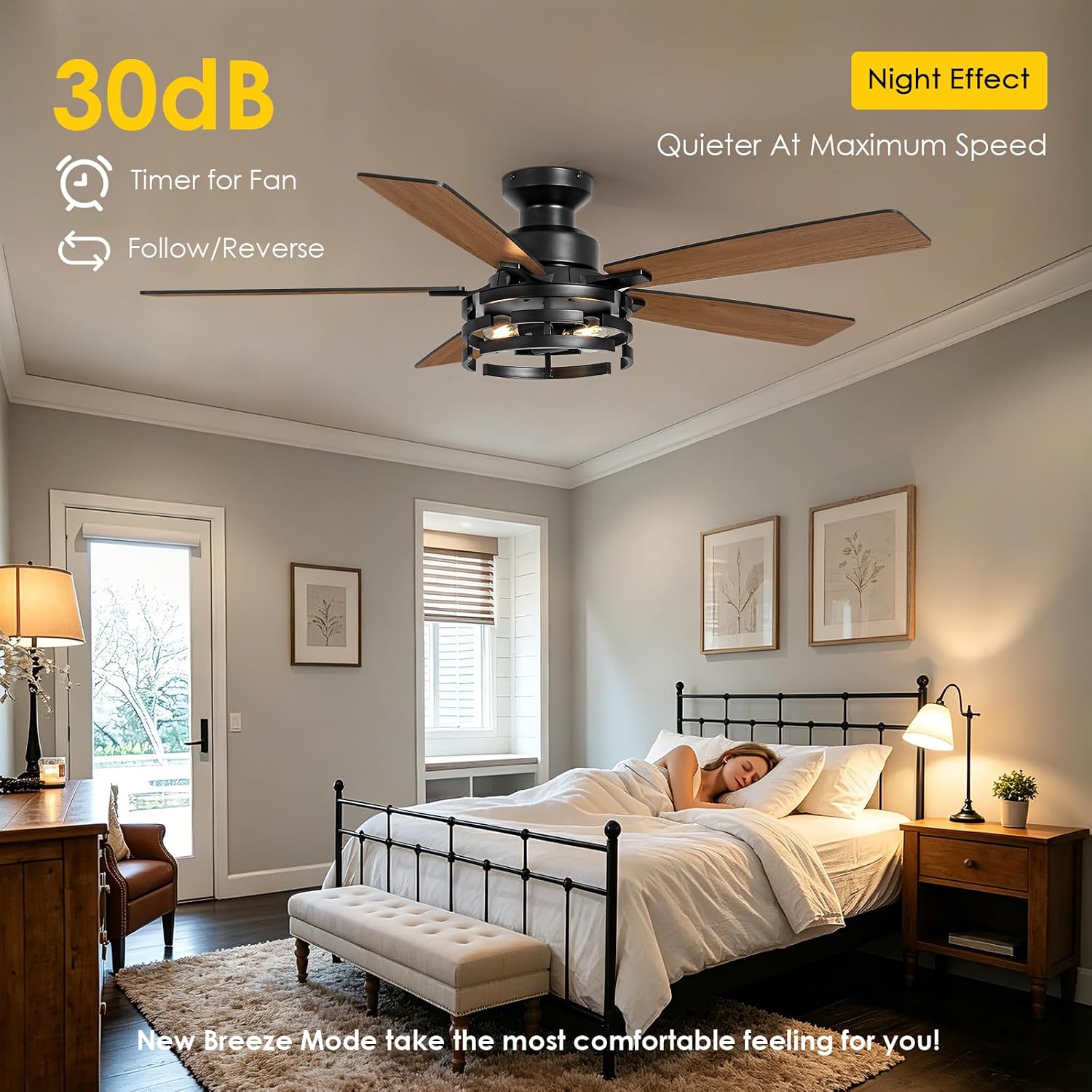 52 Inch Ceiling Fan with Light and Remote Control, Low Profile Farmhouse Ceiling Fans with LED Lighting for Indoor and Outdoor, Flush Mount Black Caged Ceiling Fan for Bedroom Living Room and Garage