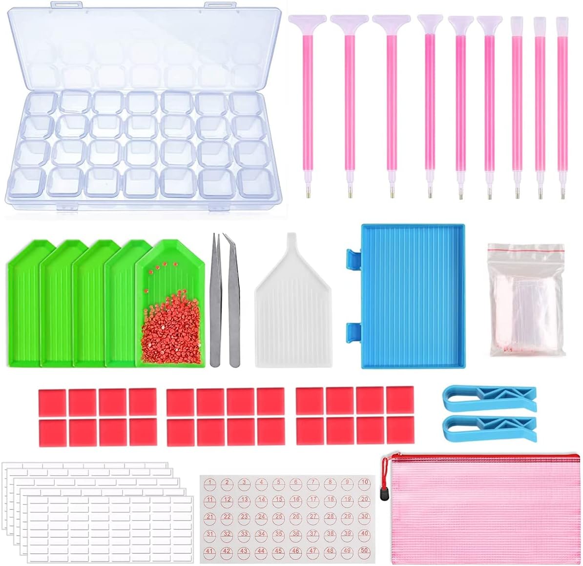 HASTHIP® 5D DIY Diamond Painting Tools and Accessories Kits with Diamond Embroidery Box, 9 Multiple Sizes Painting Pens, Glue Clay, Diamond Tray, Ziplock Bags, Clips, and Tweezer (Without Diamonds)