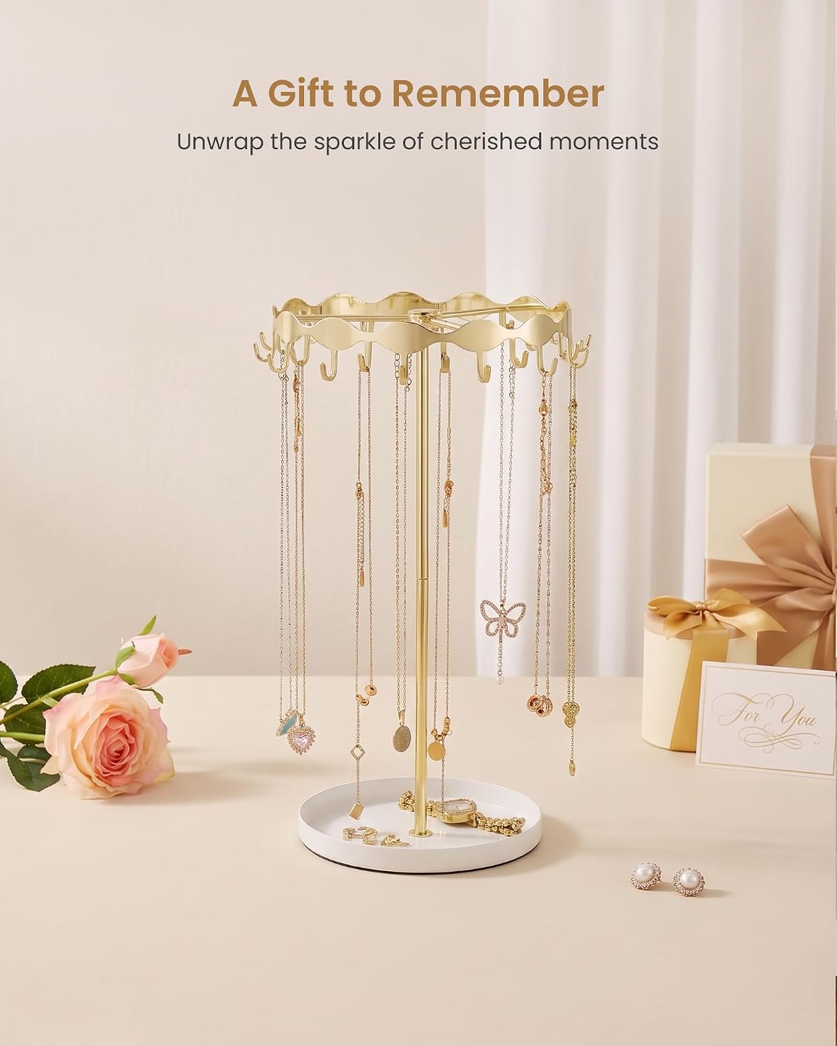 Lolalet Necklace Organizer Holder, Jewelry Display Rack Tree Stand with 26 Hooks & Metal Base Tray, Tall Hanging Storage for Necklaces, Keychains, Bracelets, Mothers Day Gift for Women -Mirror Gold
