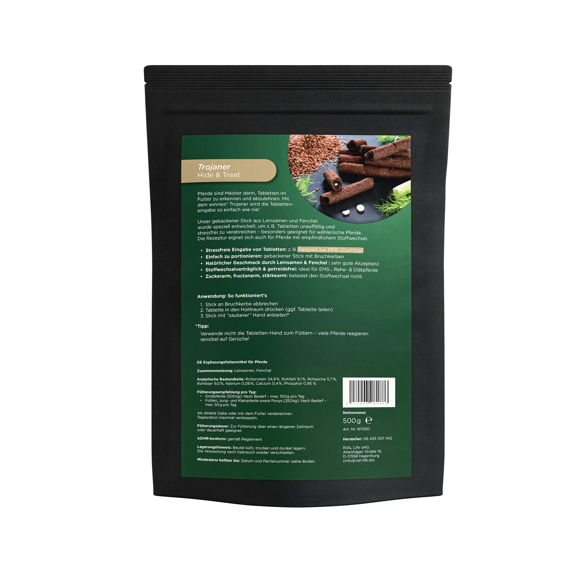 winnies® Trojaner Tabletten-Versteck für Pferde – gebackener Leinsamen-Fenchel-Stick mit Tablettenkammer – stressfrei – getreidefreies Ergänzungsmittel – ideal bei PPID/Cushing – 500 g