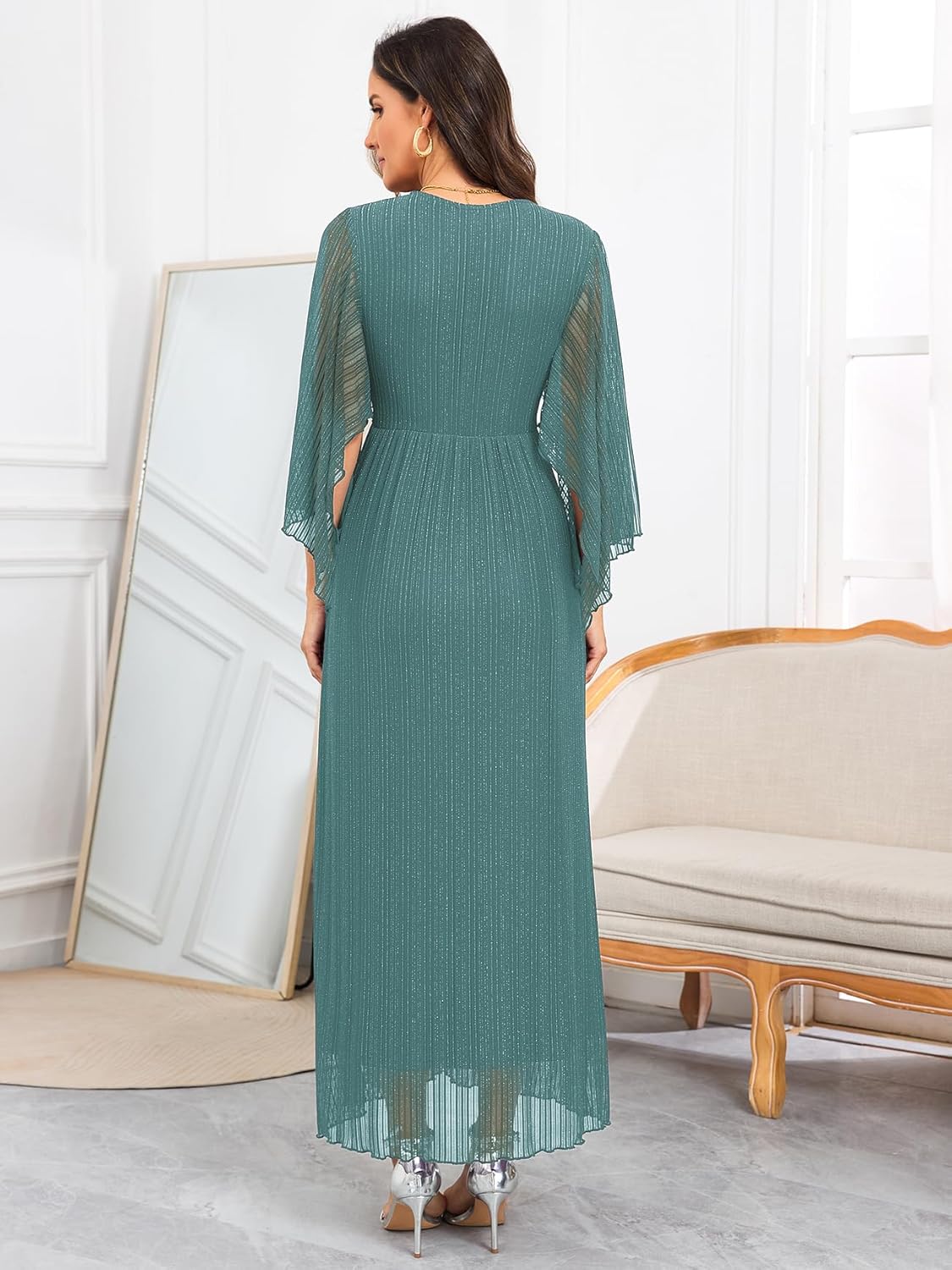 Maternity Sparkly Mesh Maxi Dress Handkerchief Sleeves Wrap V Neck Flowy Pregnancy Dresses Baby Shower Formal - Image 2