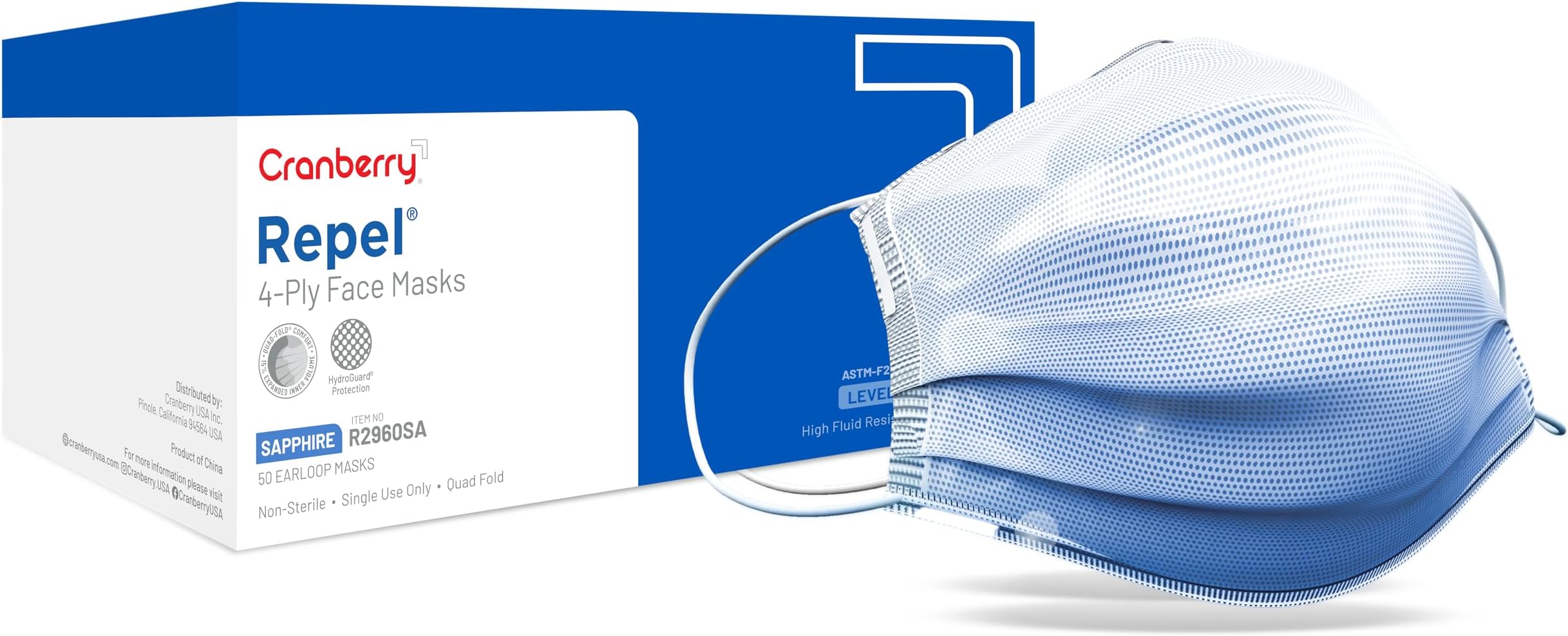 R2960SA Cranberry Repel Series R2960 4-Ply Earloop Face Mask, Sapphire (Pack of 50)