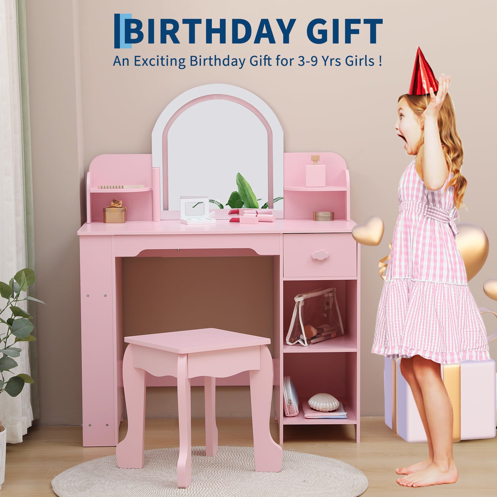 Coiffeuse Enfant Fille avec Miroir LED Lumineux et Tabouret, Bureau Enfant 2 en 1 avec Tiroir et Étagères, Coiffeuse en MDF à Bords Arrondis pour Chambre d'Enfant, Cadeau pour Fille de 3 à 8 Ans