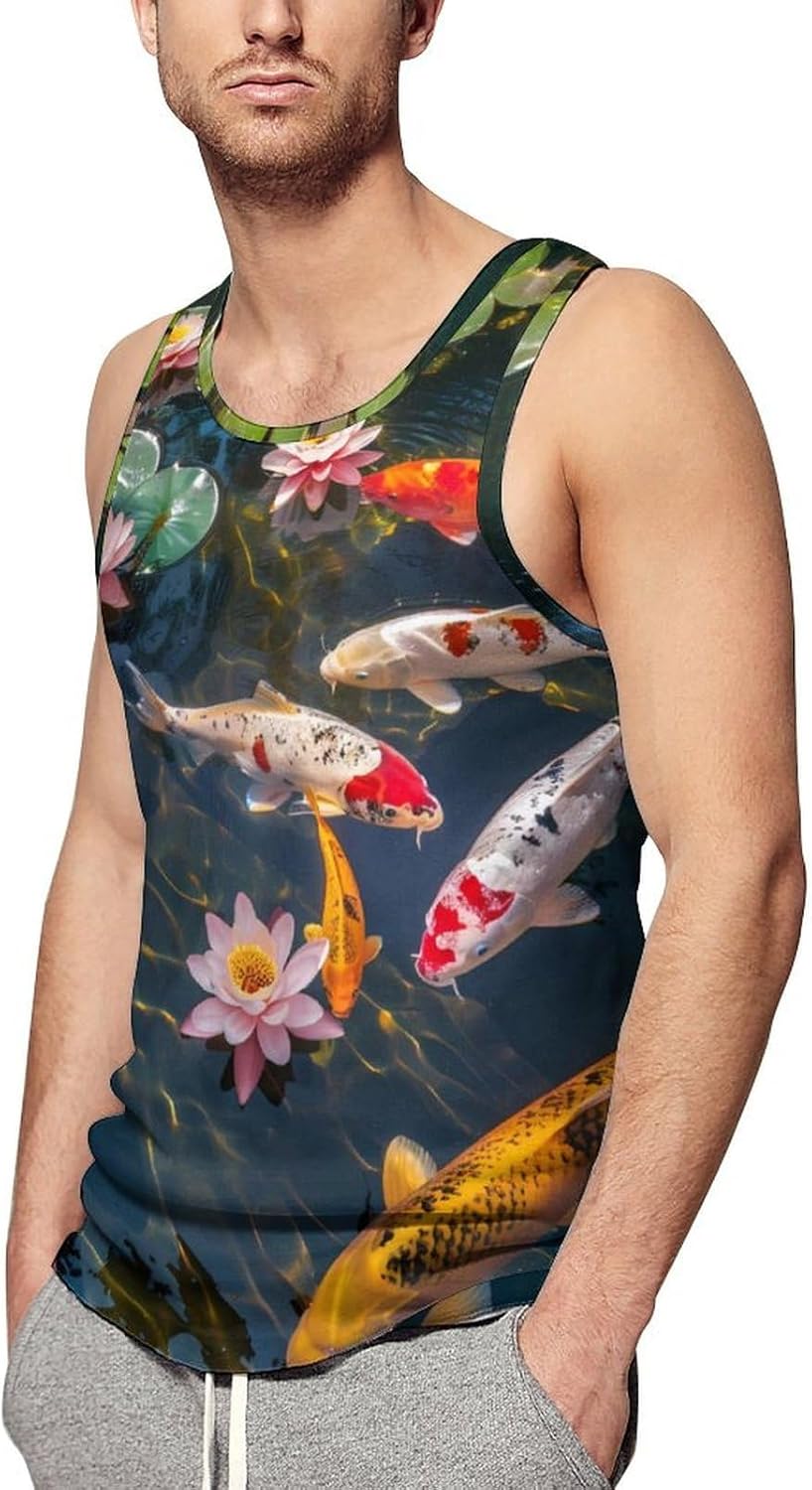 Feng Shui Nine Fish Men's Tank Top Sleeveless Muscle Shirts Vest Beach T Shirts for Workout Gym