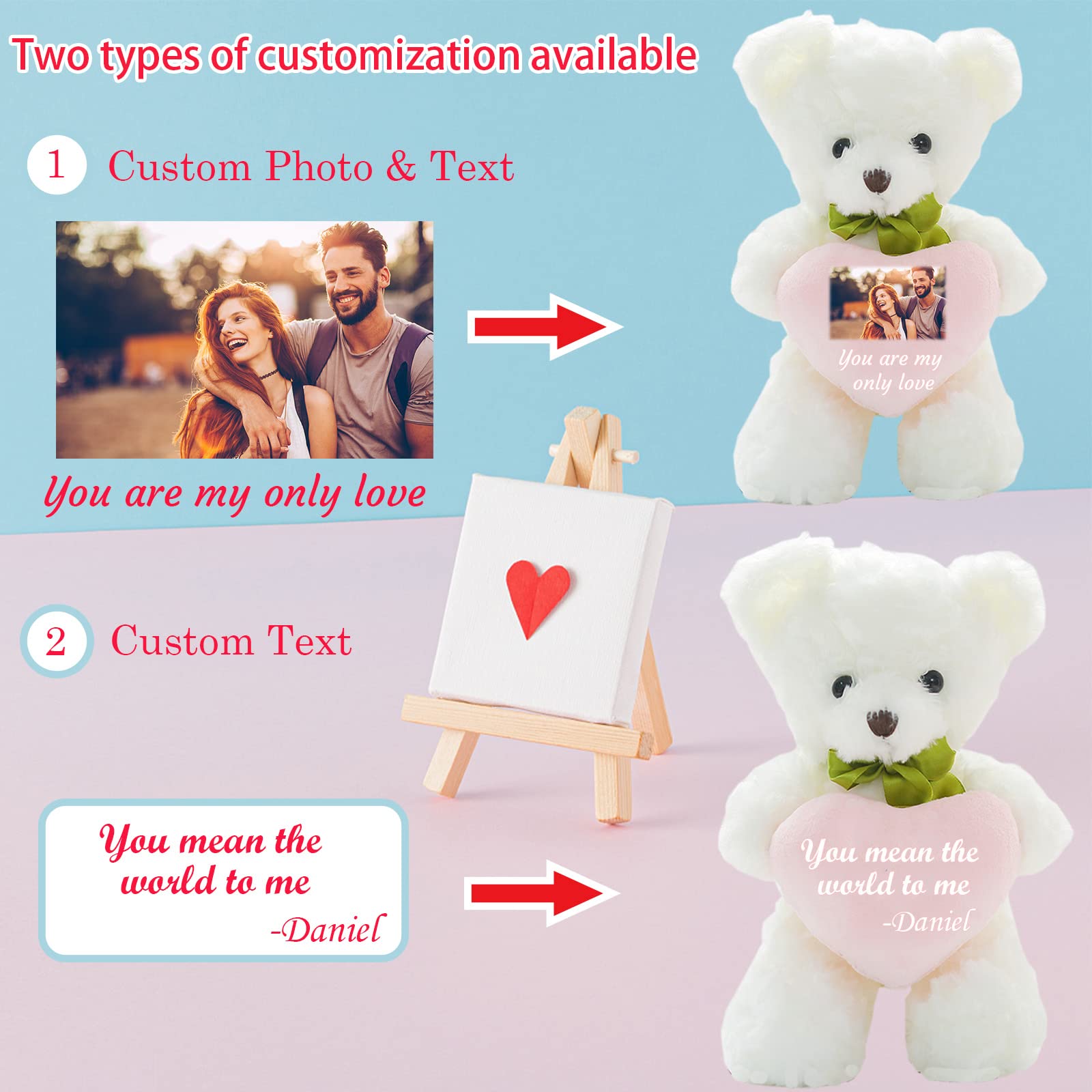 Personalized Teddy Bear With Heart - 12" Custom Stuffed Animal With Photo/Text, Birthday Valentine Gift For Her/Him