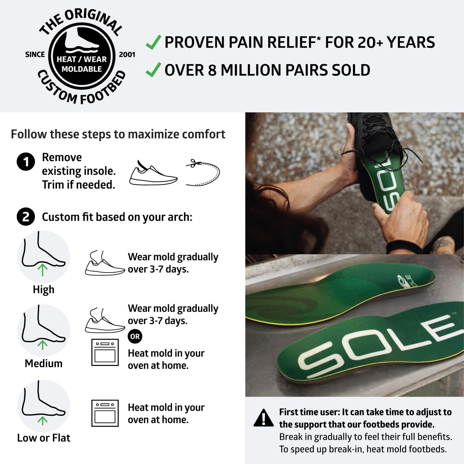 SOLE Everday Insoles - Custom Moldable Orthotic Support for Any Arch Type, Plantar Fasciitis Relief - Large, 1 Pair - Image 5