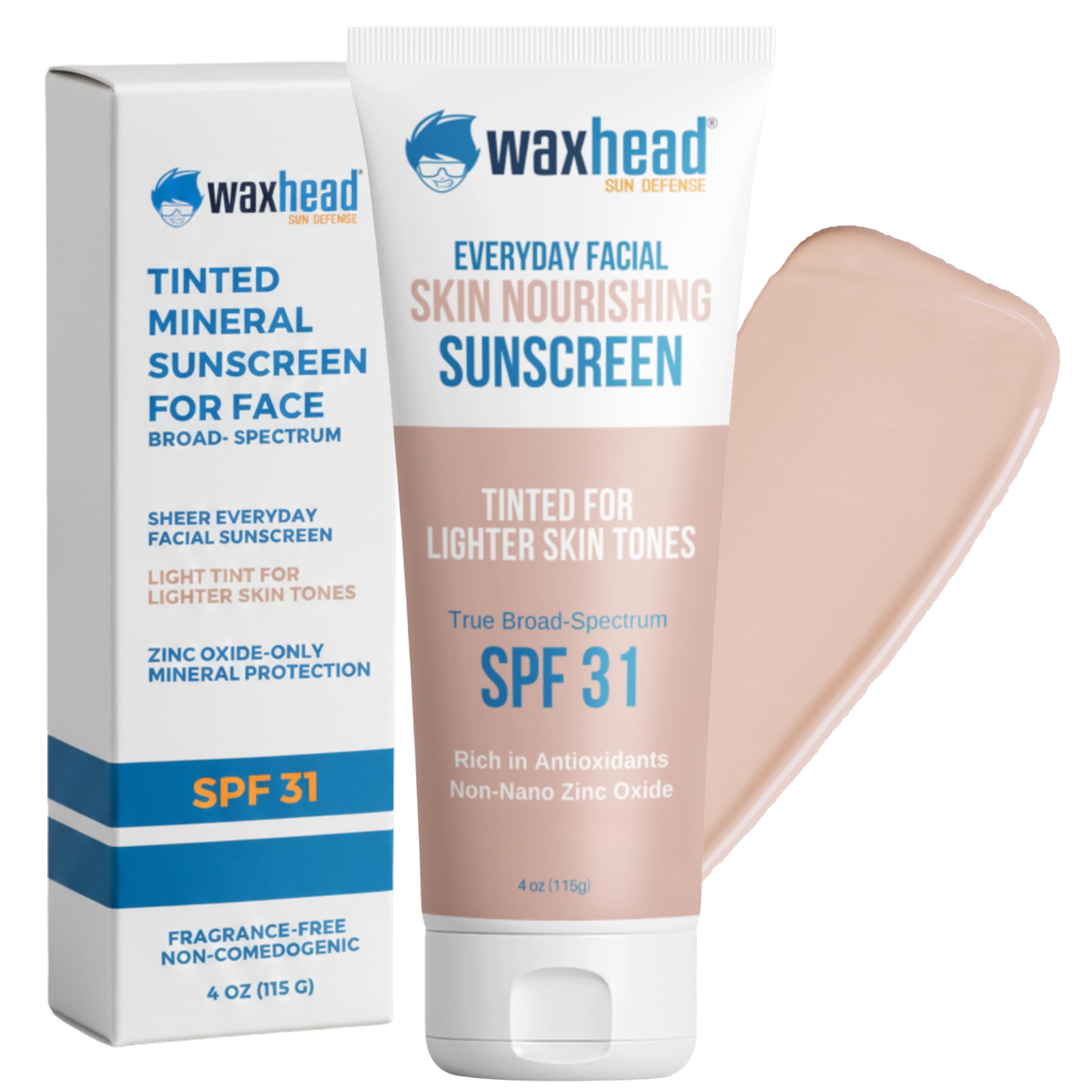 Waxhead Tinted Mineral Face Sunscreen SPF 31, 25% Non-Nano Zinc Oxide, Fragrance-Free, Non-Comedogenic, Tinted Moisturizer & Makeup Primer for Daily Wear (Light Tint 4 oz)