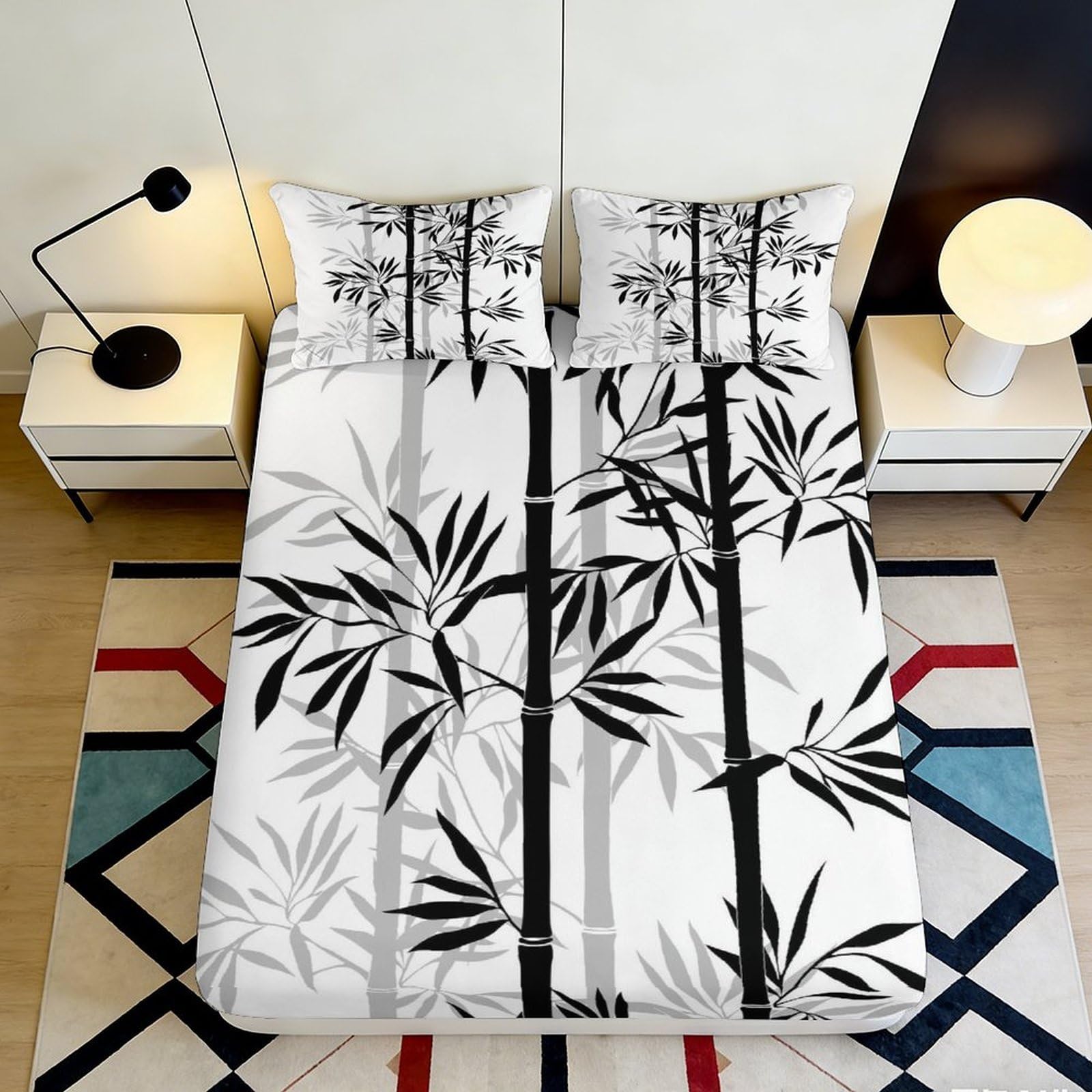 Jqzkxnhpbr Style-5 3D Printed Bamboo Forest Fitted Sheet Microfiber Soft Breathable Black White Bamboo Leaves Mattress Cover For Bedroom Decor 90X200x25cm