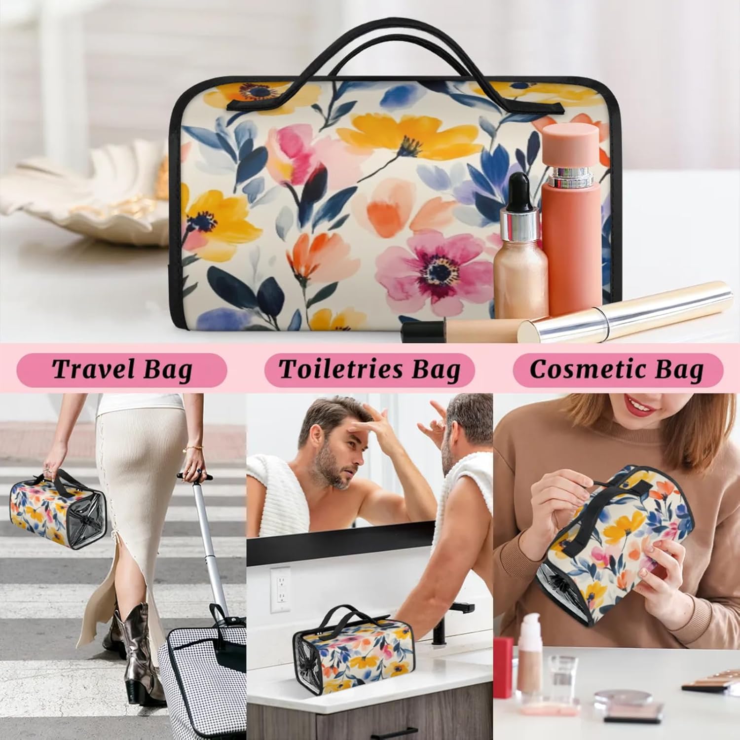 Hanging Roll Up Makeup Bag, Cosmetic Bag for Women, Watercolor Flower Travel Folding Toiletry Bag with 4 Removable Compartments, for Storing Cosmetics, Toiletries, Personal Care Products - Image 7