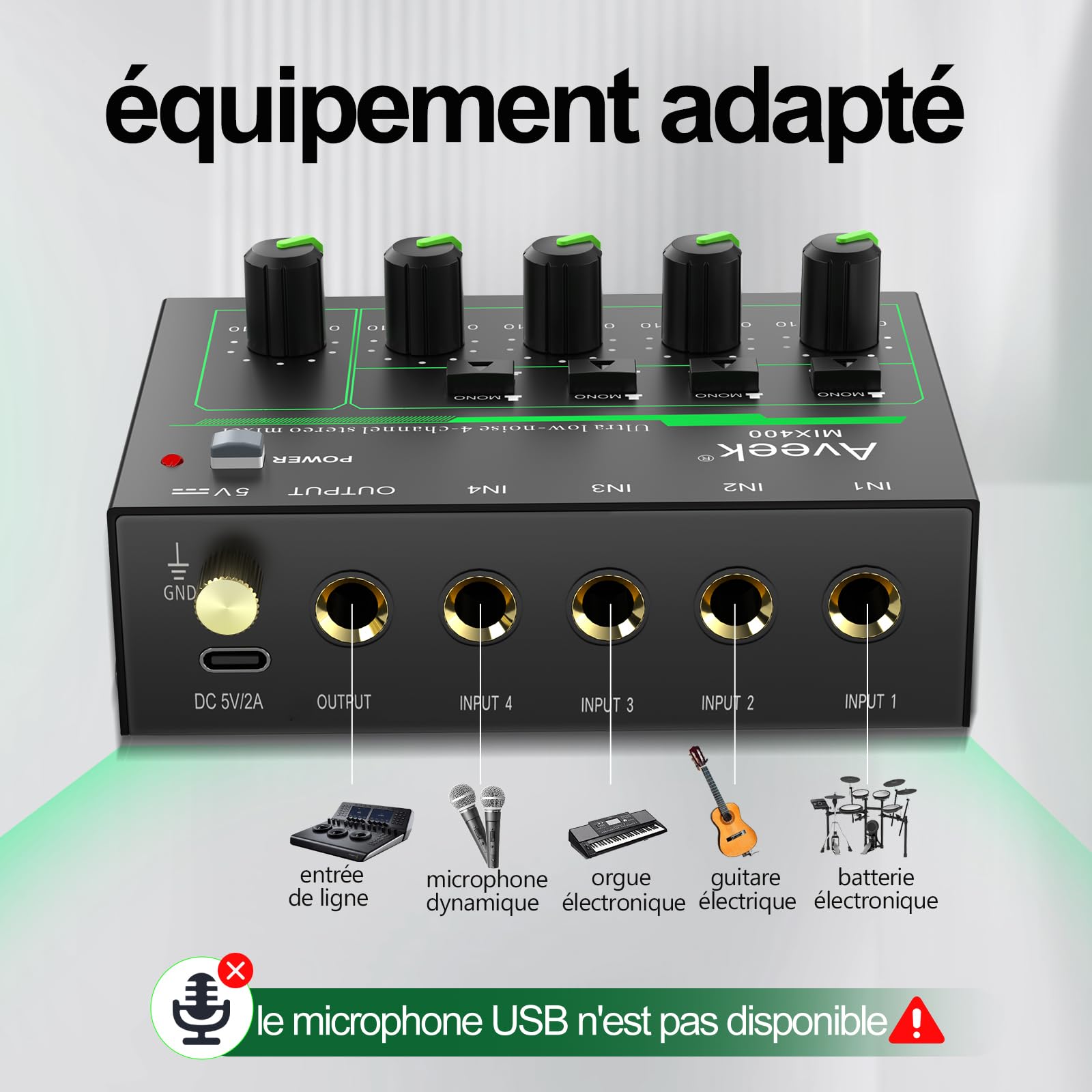 Aveek Mini Line Mélangeur audio 4 canaux avec commutation stéréo/mono et fonctionnement à faible bruit pour un sous-mixage de précision, entrée/sortie TRS 6,35 mm, idéal pour