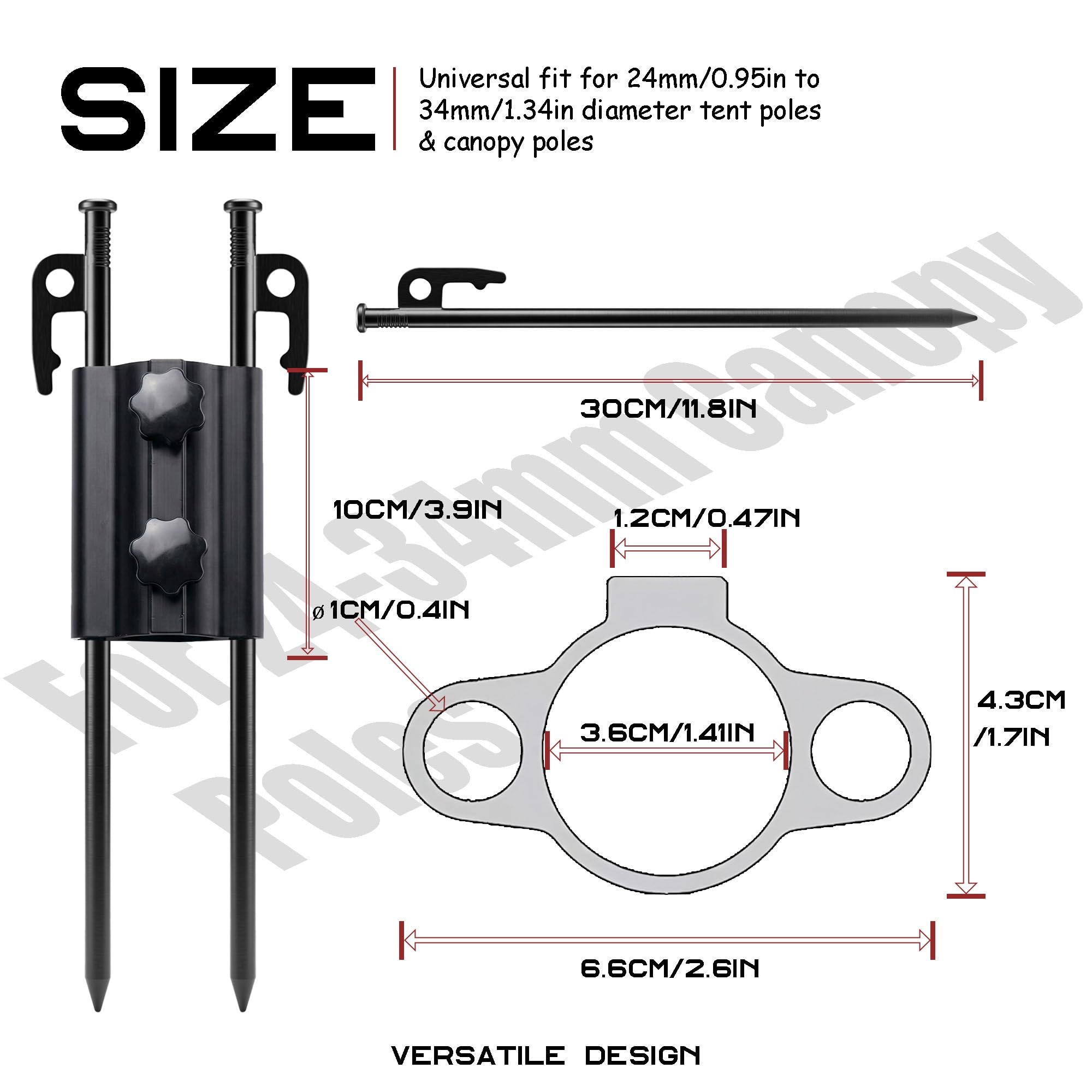 Confezione di picchetti per tenda, picchetti in acciaio resistente da 30 cm, supporto for palo for tettoia in alluminio resistente alla ruggine con foro a sgancio rapido(Black (Set of 2),Dia 24-34mm)