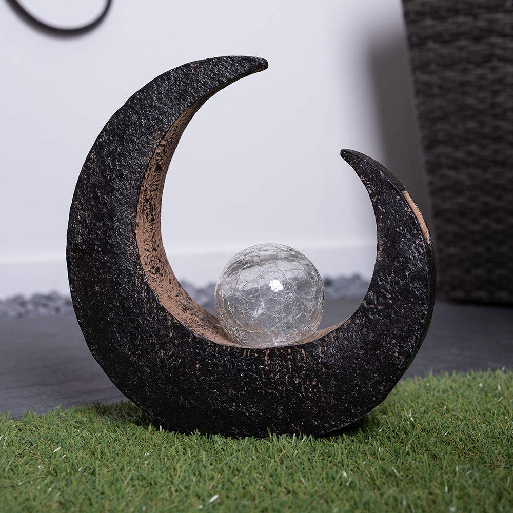 GLOBO LED Solarleuchte Flamme Außenleuchte Garten Solarlampe Mond Gartenlampe, IP44 Akku, Crackle Glaskugel schwarz, 2er Set