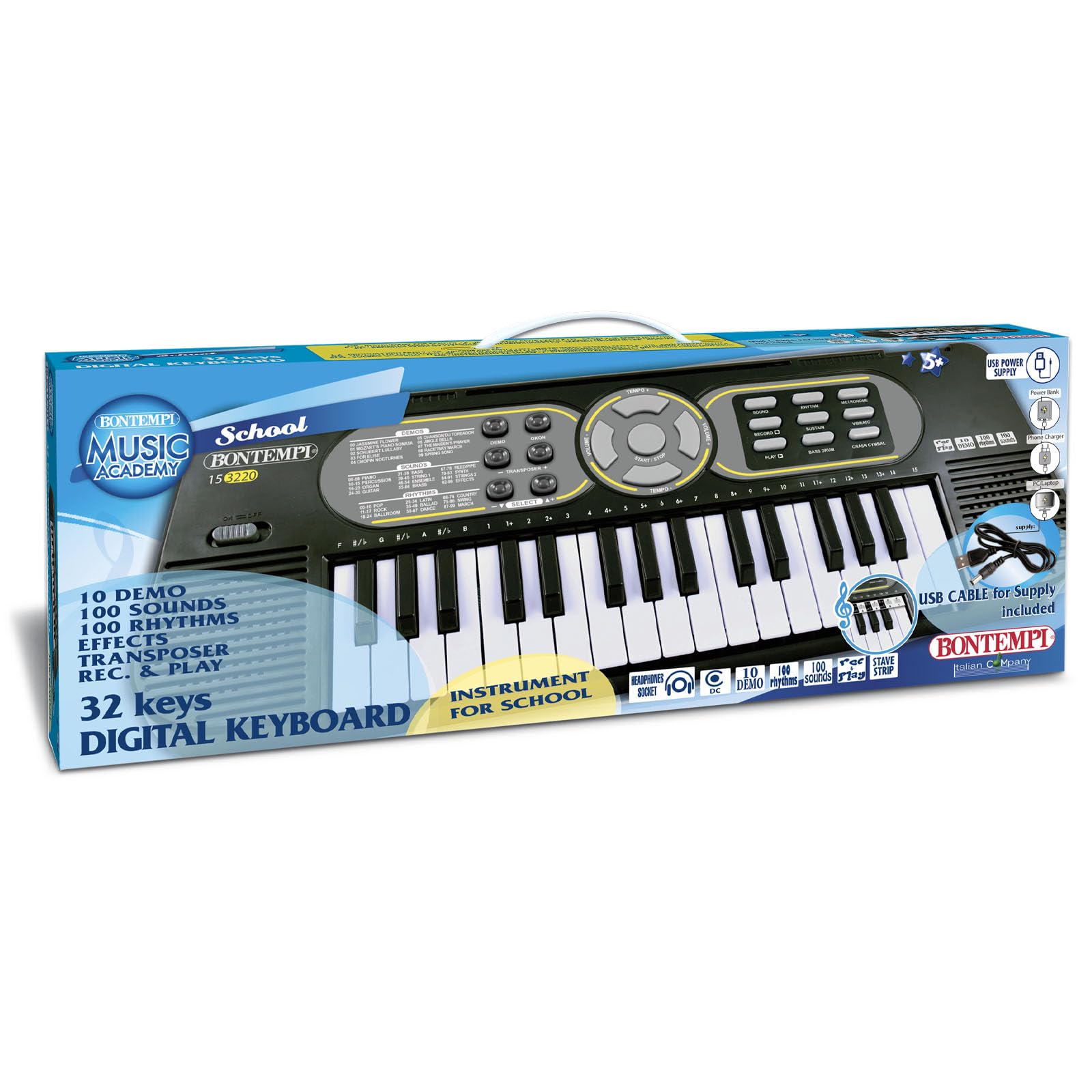 Bontempi | MiniKey - Tastiera Portatile a 32 Tasti con Passo Mini e Versatile Opzione di Alimentazione, 430x160x50 mm