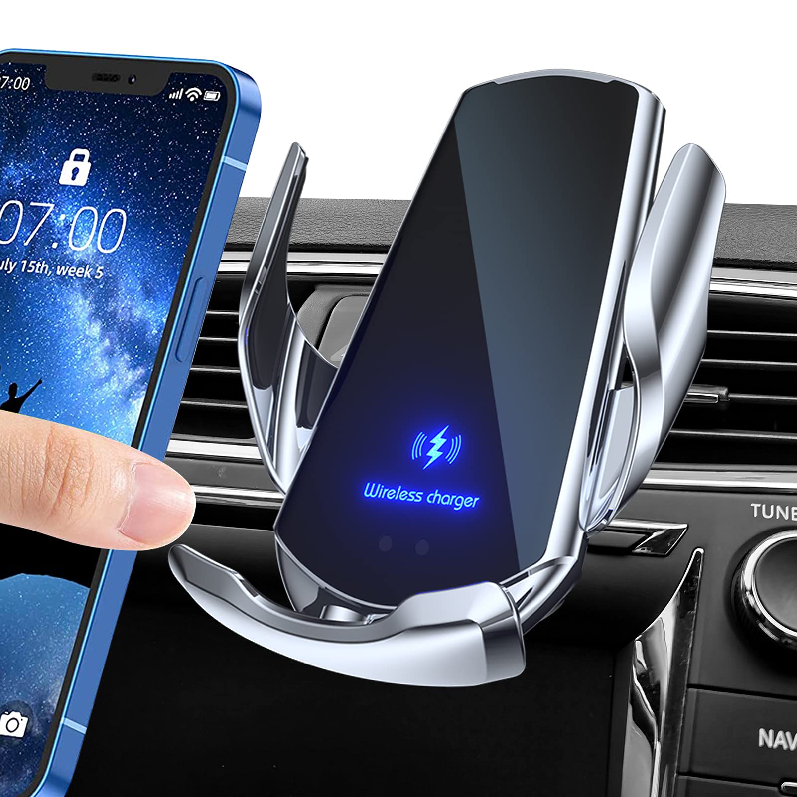 Phone Holder for Car,Upgrade, with 15W Qi Wireless Car Phone Holder Charging Function,Induction Auto Clip Car Phone Mount Vent Universal Cell Phone Car Mount,Compatible with All iPhone Android Phones