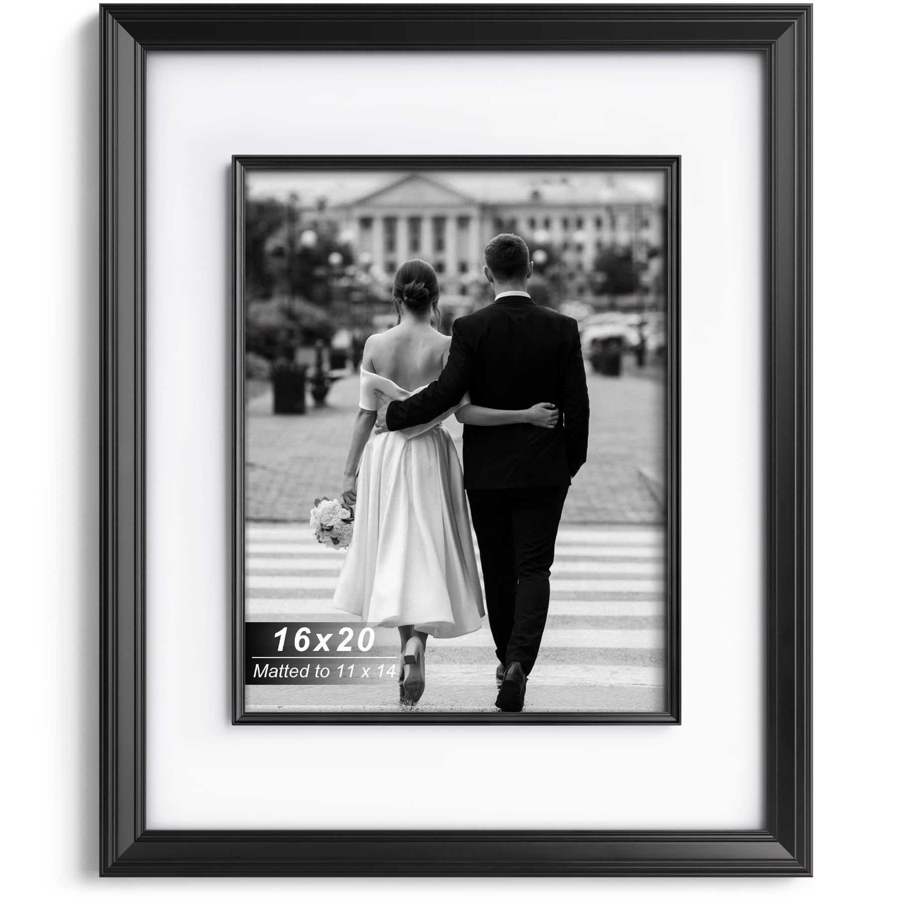 yaetm 16x20 black picture frame with decorative inner frame & tempered glass, display 11x14 photos with mat on wall - portrait or landscape - ideal for office & home décor (black, single)
