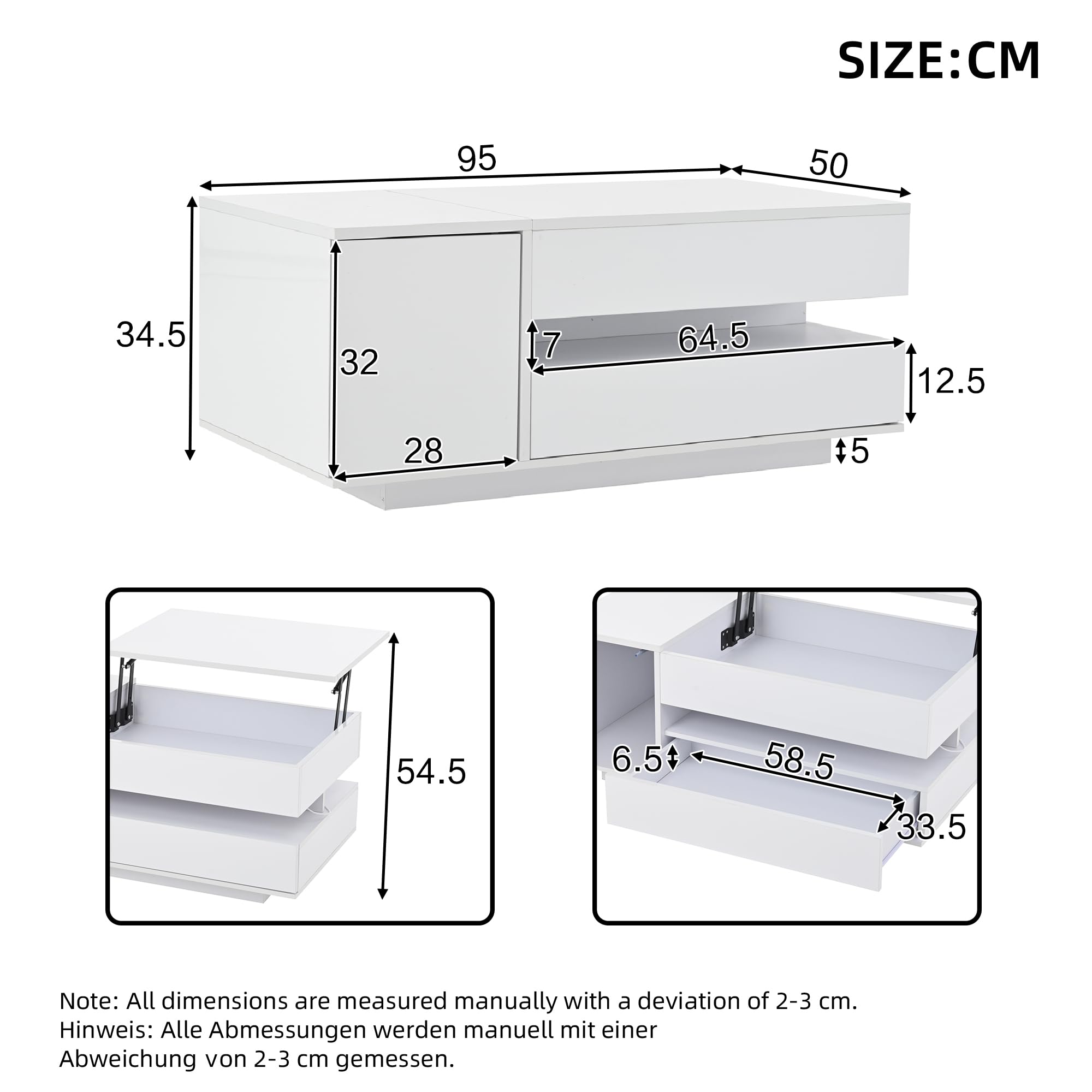 Stolik kawowy z regulacją wysokości 95 x 50 cm | stolik do sofy, LED