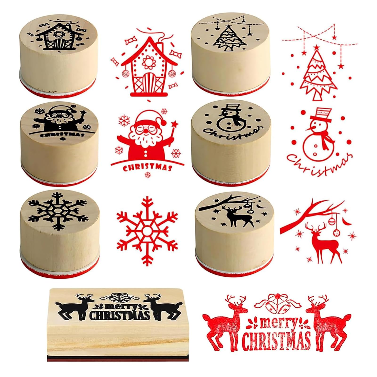 7Pcs Christmas Wooden Stamp, Christmas Stamps Santa Reindeer Snowman Christmas Tree Designs, Merry Christmas Stamps for Card Making, Holiday Crafting, Scrapbooking, Festive DIY Projects