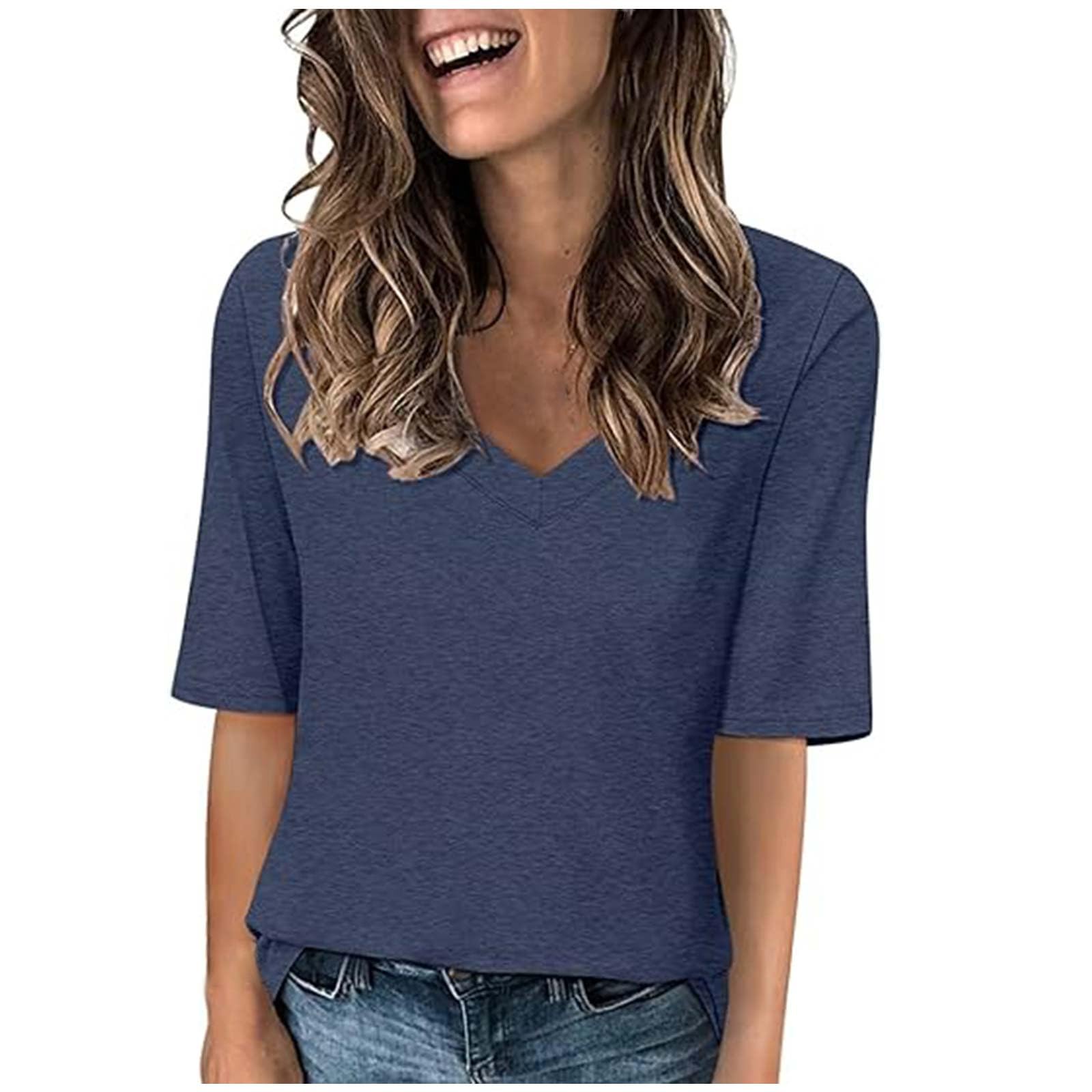Womens T Shirts Summer Casual V Neck Half Sleeve Tops Loose Basic Tshirts Summer Solid Color 1/2 Sleeve Tunic Tee Shirts Comfy Fit Plain Sport Blouses Ladies Blouses Going Out Tops Daily Wear
