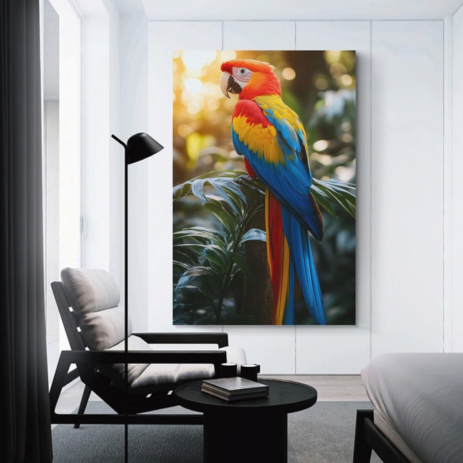 Junmoney Colorful Macaw Parrot Perched on Branch Hanging Wall Art, 20x30inch(50x75cm), for Living Room, Bedroom, Office Or Hallway, Decorative Artwork with Broad Appeal