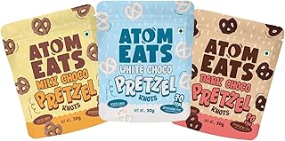 Atom Eats | Variety Pack - White, Milk & Dark Chocolate Dipped Pretzels (Pack of 3) 30g Each | Mini Salted Pretzel Knots | Gourmet Snacks for Coffee, Wine, Desserts & Parties | Imported Quality