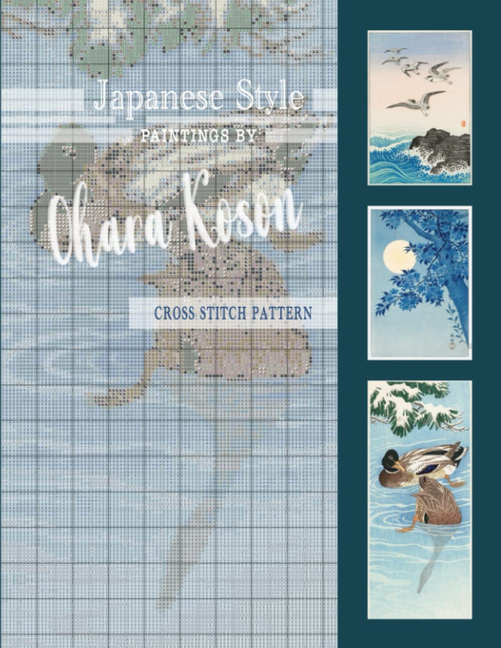 Japanese style paintings by Ohara Koson | cross stitch pattern: Bird, duck, cherry blossom, full moon, and blue nature scene, aesthetic embroidery color chart for adults
