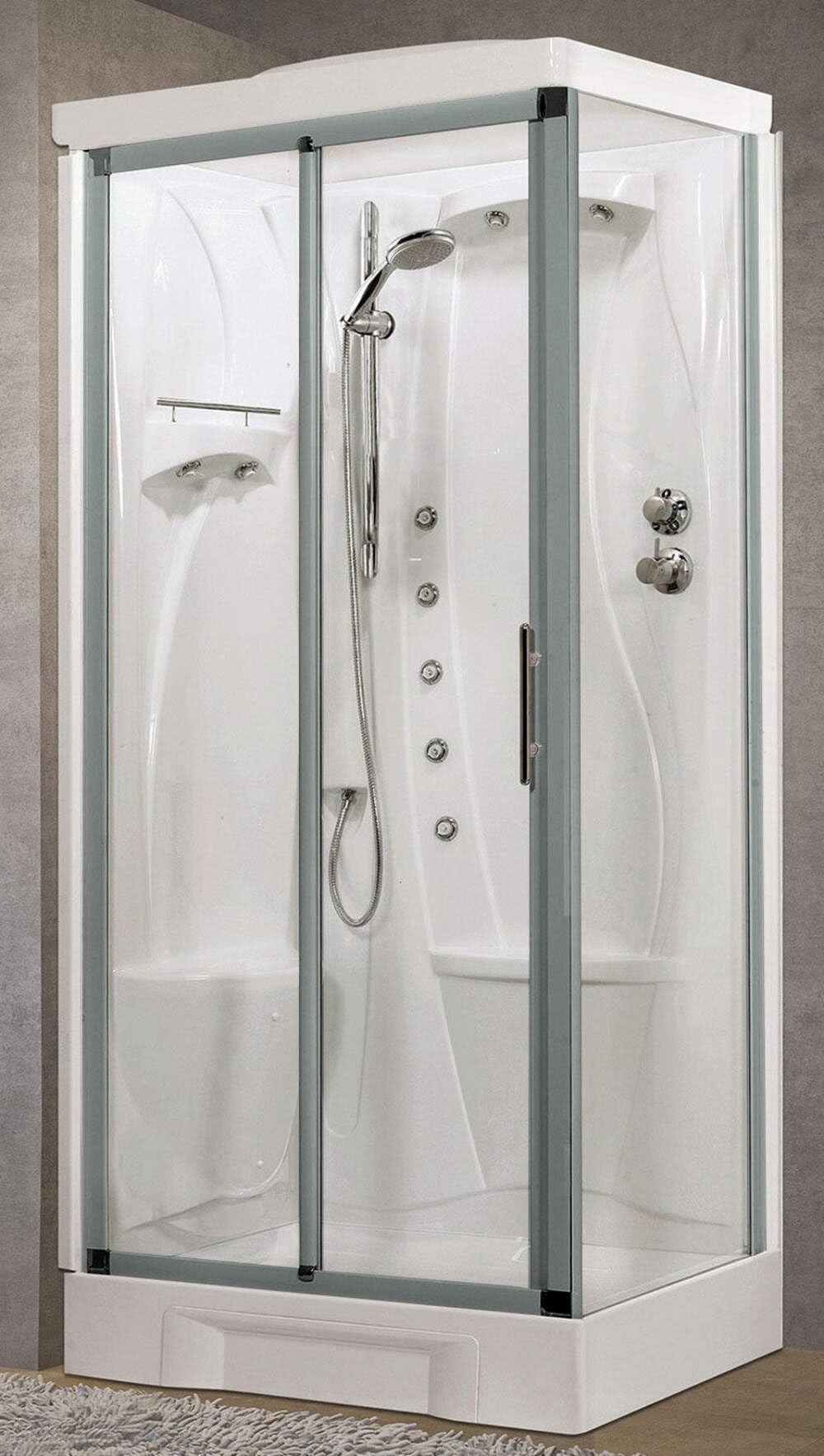 Novellini New Holiday 2P+F Idromassaggio Tettuccio Soffione 100x70 cm Cabina Doccia Multifunzione Apertura Scorrevole Seduta Sinistra Miscelatore Meccanico Vetro Trasparente Profilo Silver H 217,5 cm