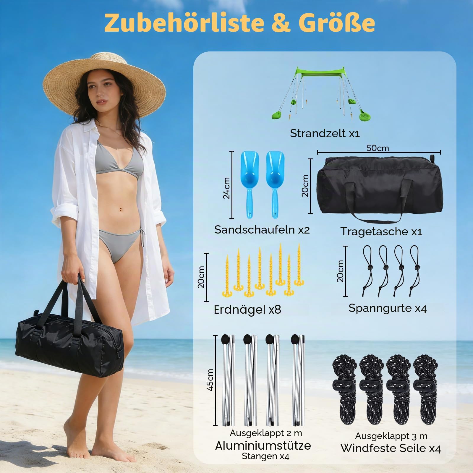 2,1 x 2,1 m Strandmuschel UPF 50+, Tragbares Strandzelt für 2-3 Personen, Sonnenschutz-Zelt Sonnensegel mit Gestänge, Heringen, Seilen & Tragetasche für Strand, Camping, Picknick, Grün