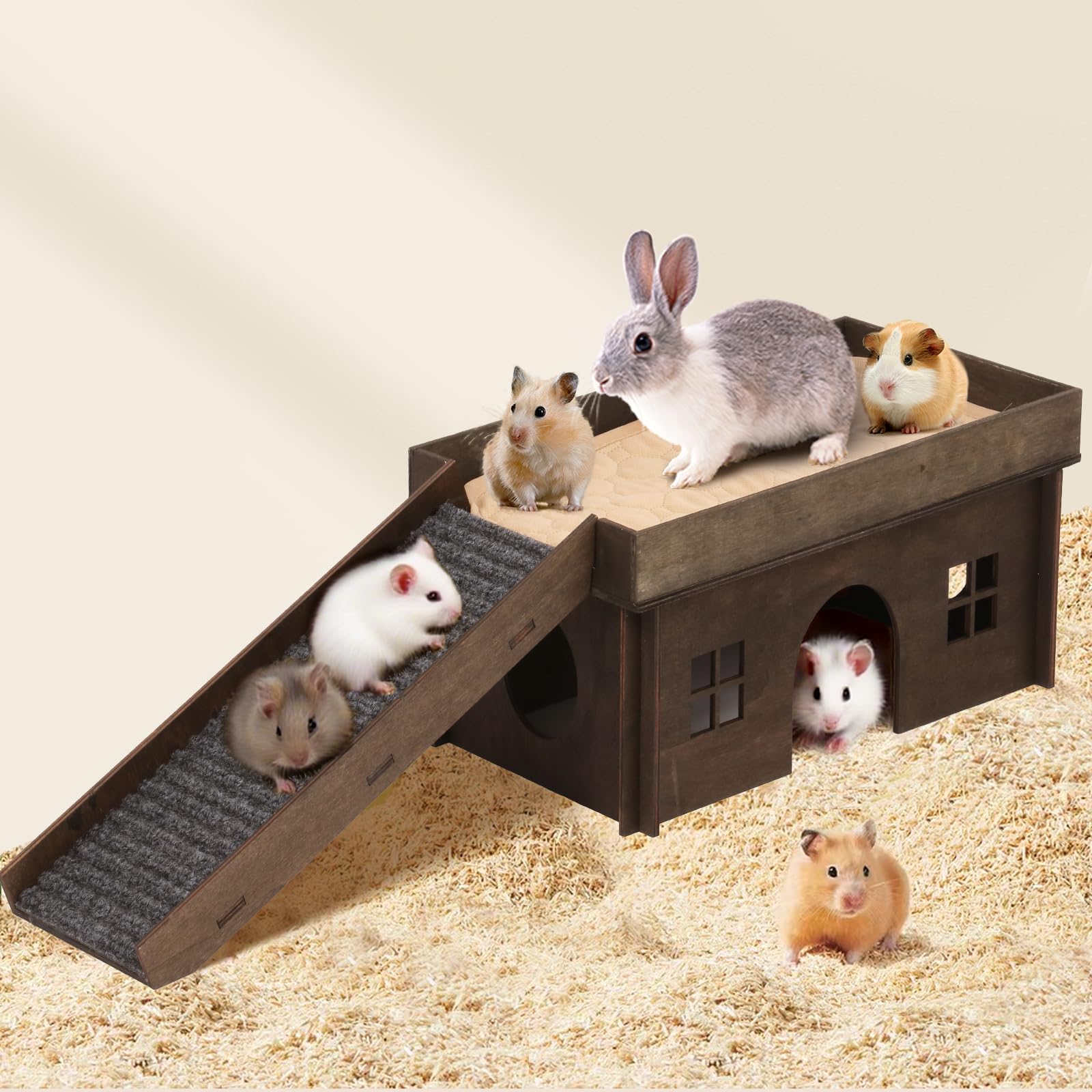 Großes Meerschweinchenversteck aus Holz mit Treppe, Hamsterhaus, Versteck für Kleintiere, Haustiere, geeignet für Chinchilla, Hamster und kleine Kaninchen, Hamsterhütte, Meerschweinchenversteck