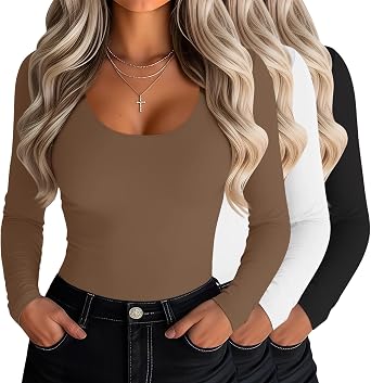 Riyiper 3 Pack Womens Scoop Neck Tops Long Sleeve Slim Fitted Shirts Casual Basic Tunic Fall Trendy Y2k Tight Tees
