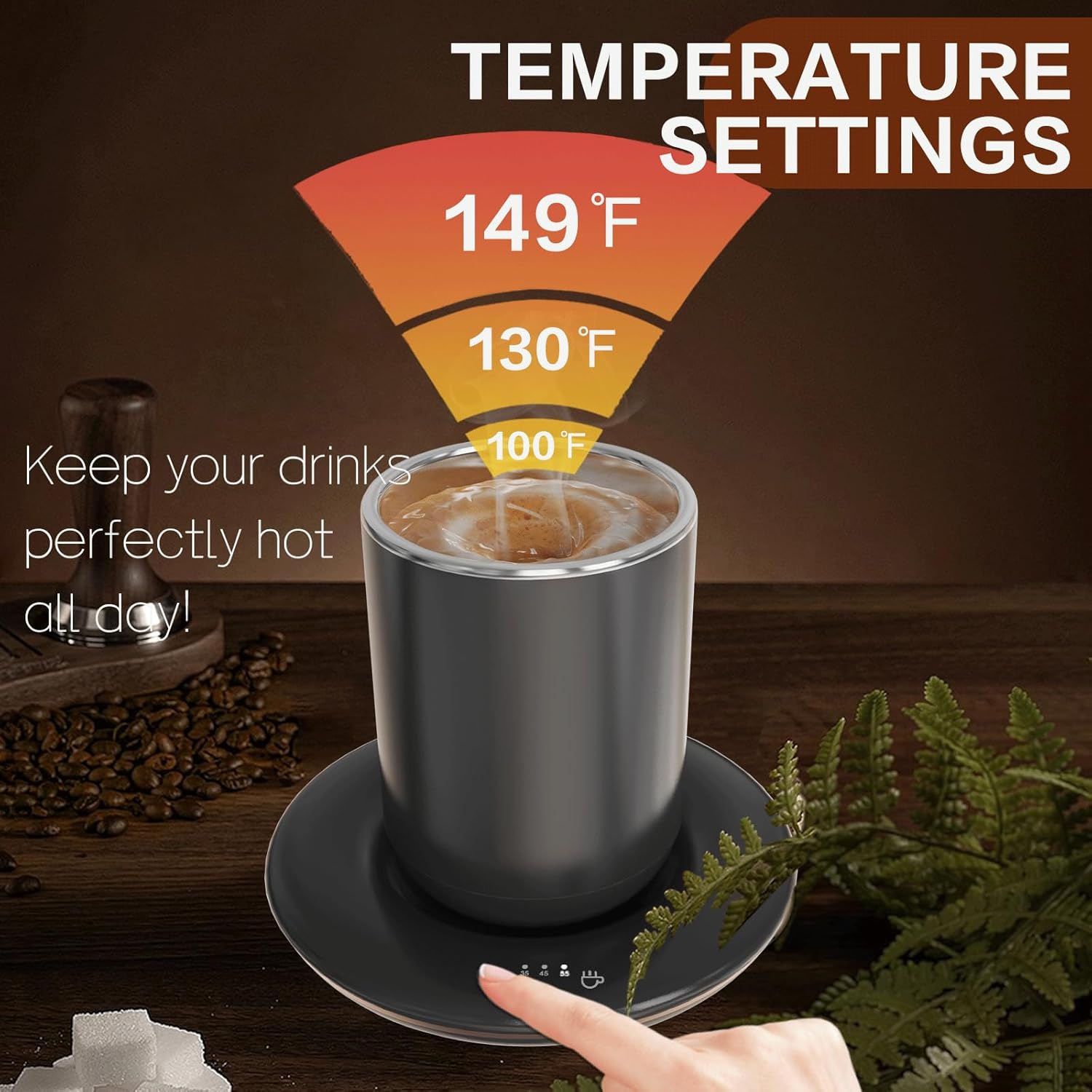 Self Stirring Coffee Mug - Dual Function Temperature Control Mug for Stirring & Heating- Smart Heated Mug for Coffee with Lid, Extra Stirring Pill & Charger- Electric Coffee Cup in a Gift Box-Black