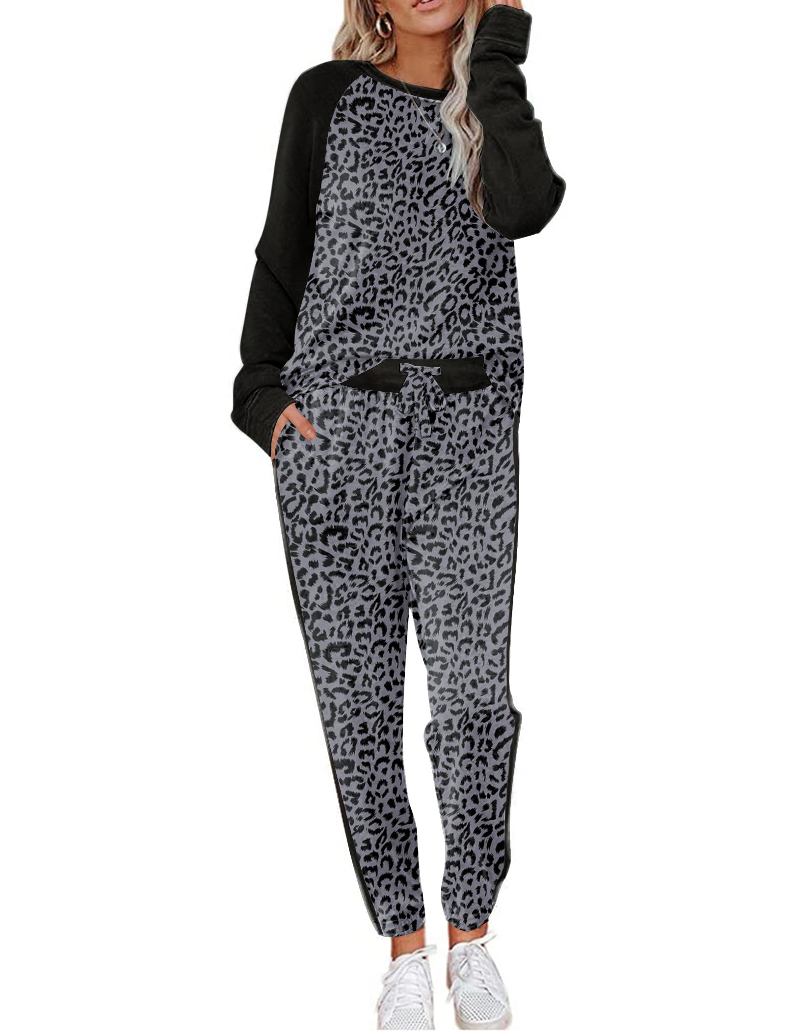 Ekouaer Schlafanzug Damen Langarm Pyjama Set Hausanzug Weich Zweiteiliger Bequem Loungesets Rund Ausschnitt Nachtwäsche