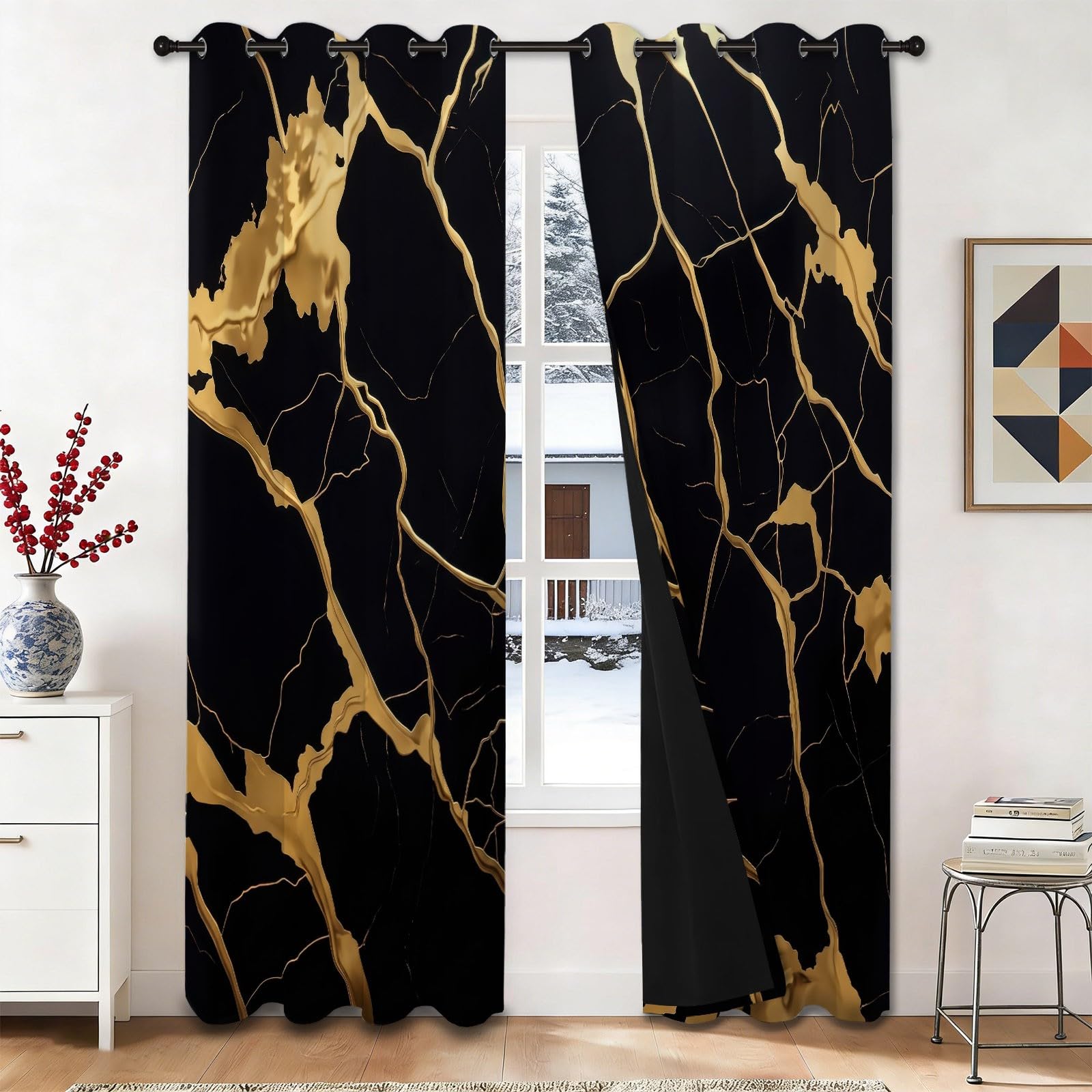 Rideau occultant salon motif abstrait doré bloc couleur 70x160 rideaux isolants thermique