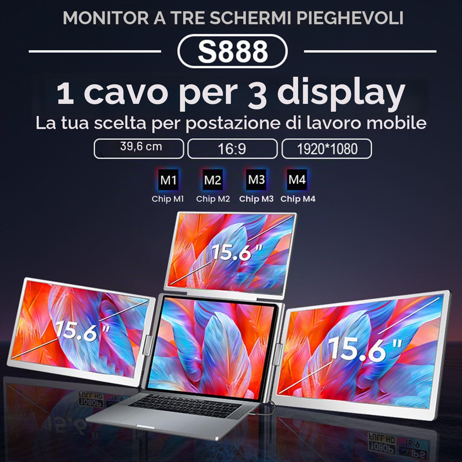Schermo Esteso per Laptop, Triplo Laptop Monitor Estender, Schermi Portatili da 15,6 Pollici, con Supporto Regolabile, Monitor Quad Che Piega per (Spina Europea)